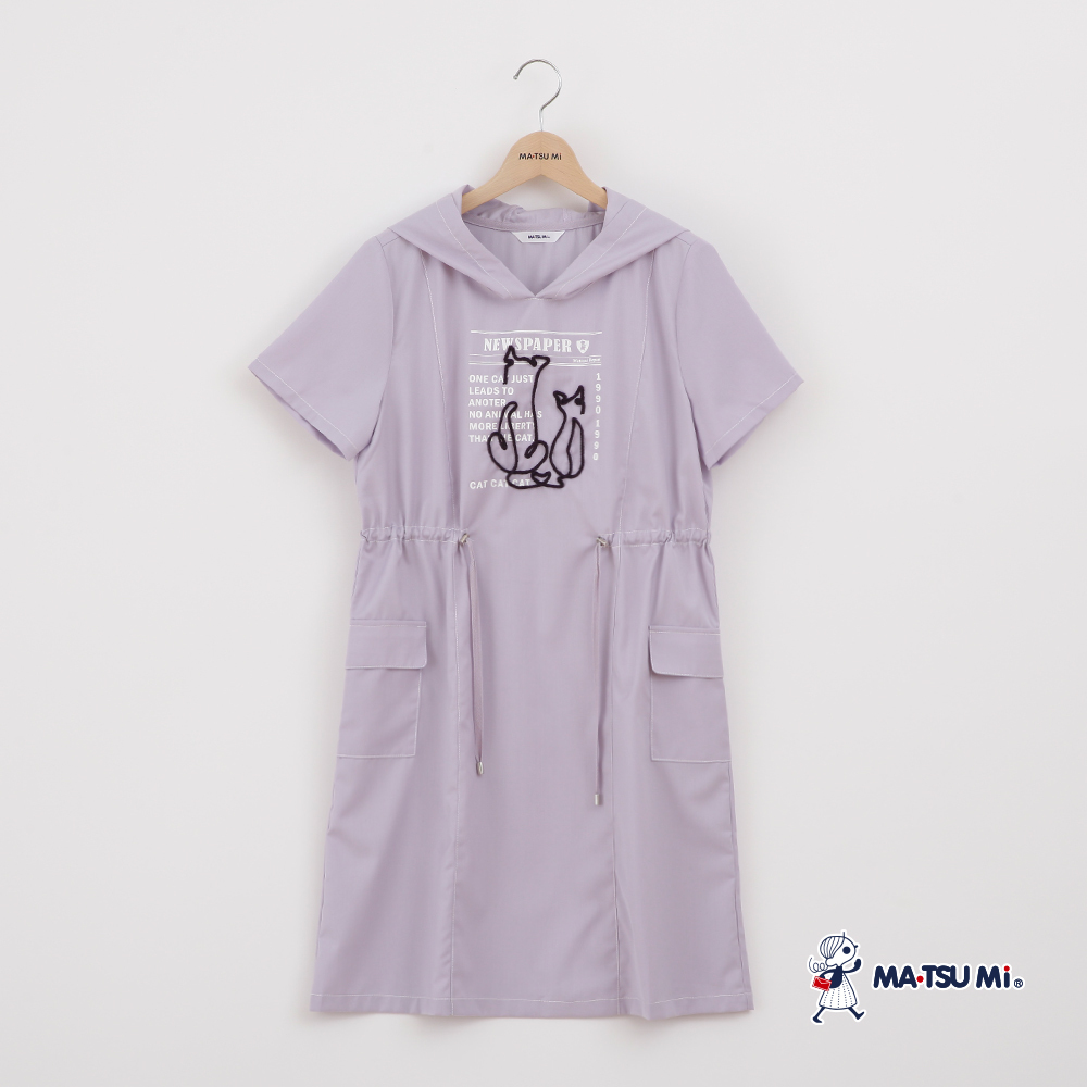 MA‧TSU Mi 連帽貓咪線條圖案抽繩修身洋裝(粉紫.深藍)