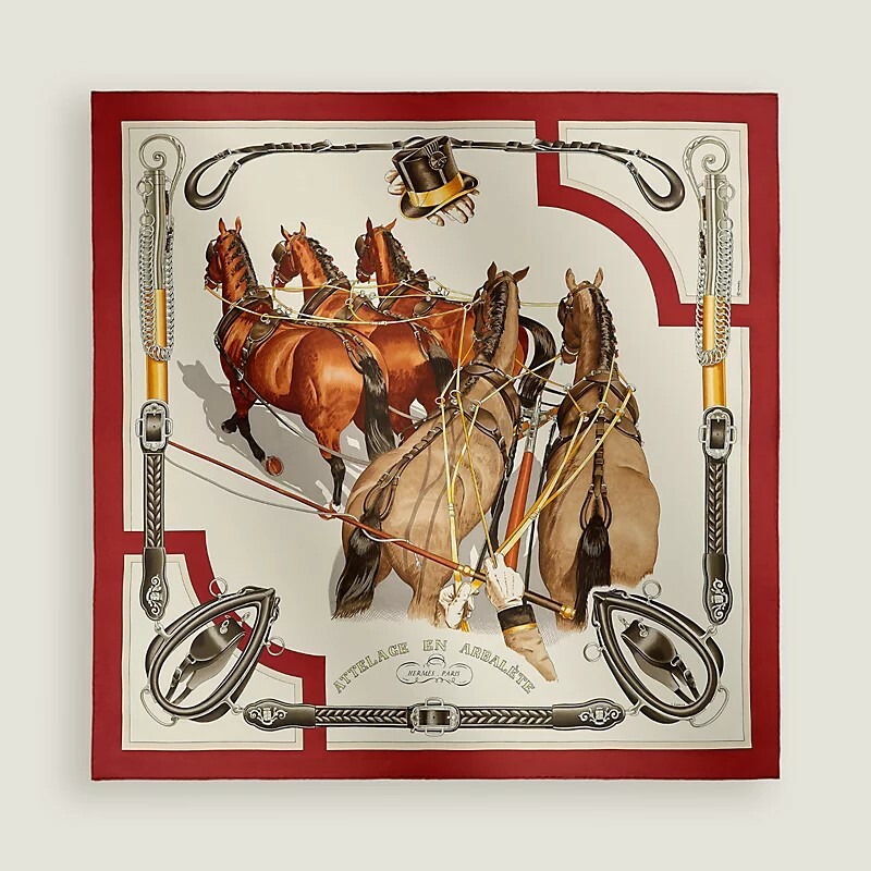 HERMES Attelage en Arbalete forever scarf 90 rouge cuit / grège / alezan