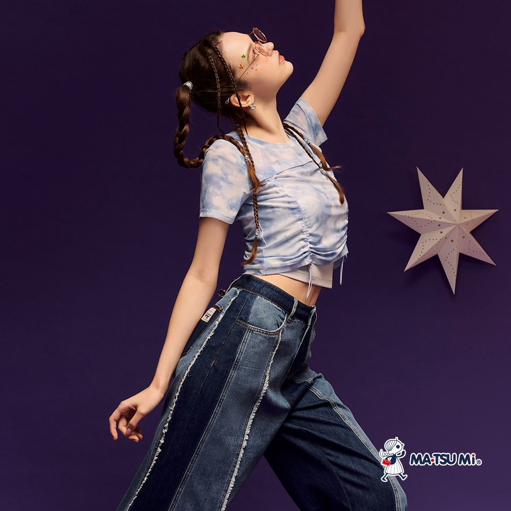 MA‧TSU Mi 異色拼接抽鬚設計牛仔褲(深藍)