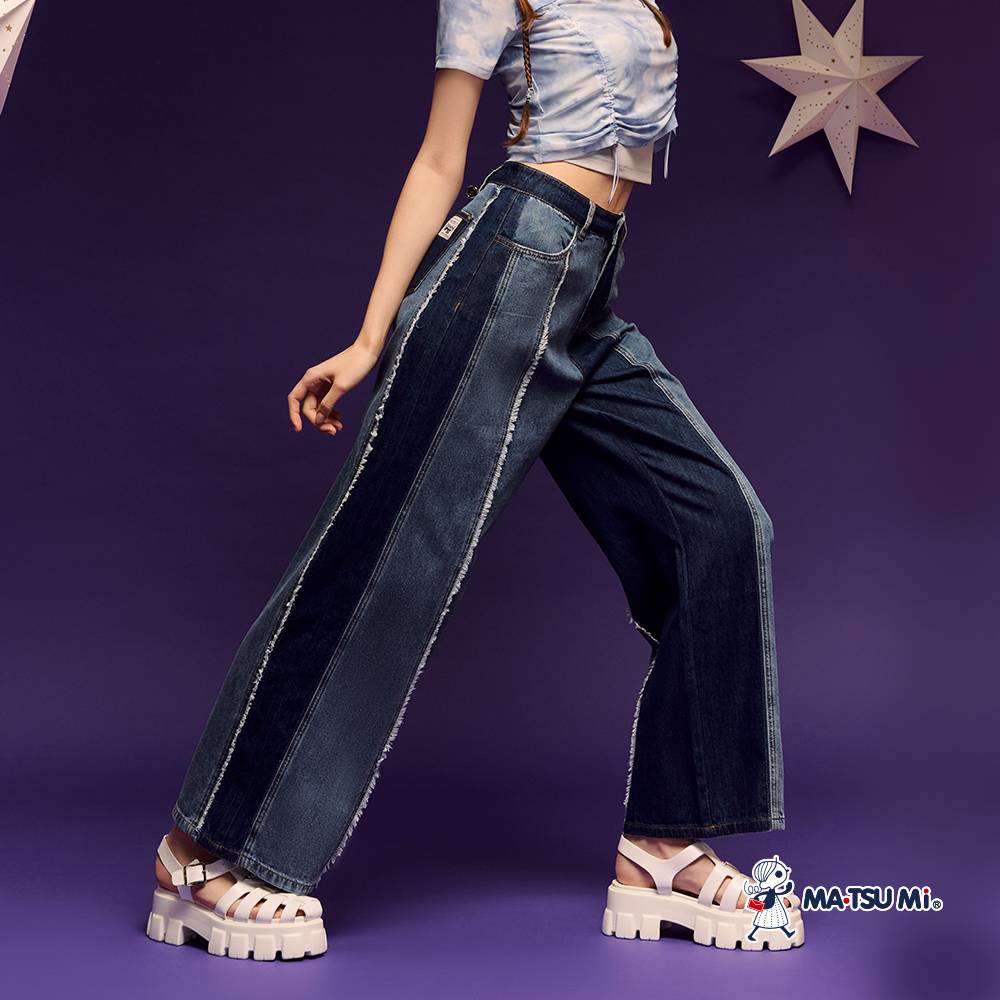 MA‧TSU Mi 異色拼接抽鬚設計牛仔褲(深藍)