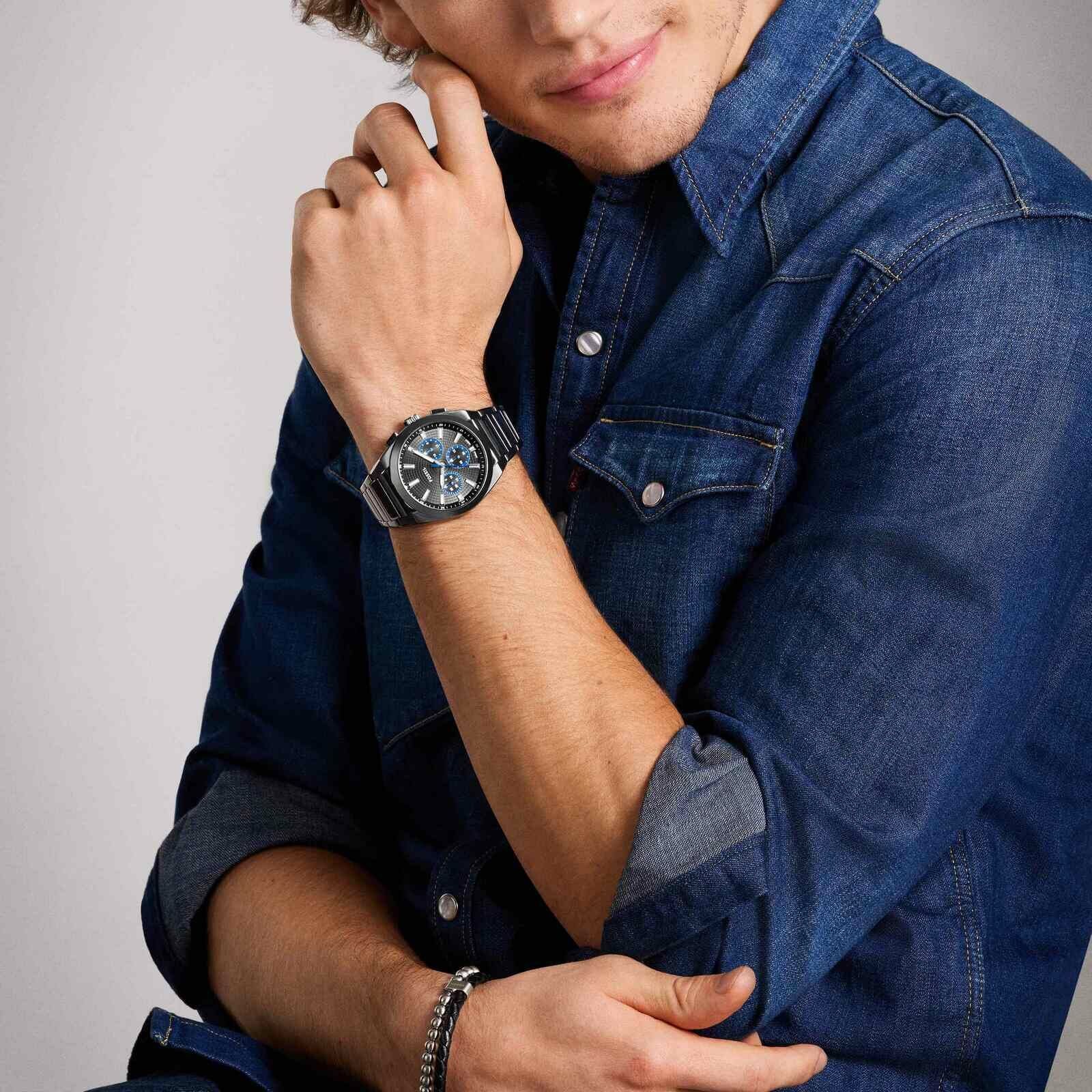 Everett 極簡灰曜時尚三眼手錶 鐵灰色不鏽鋼錶帶 44 MM FS6107