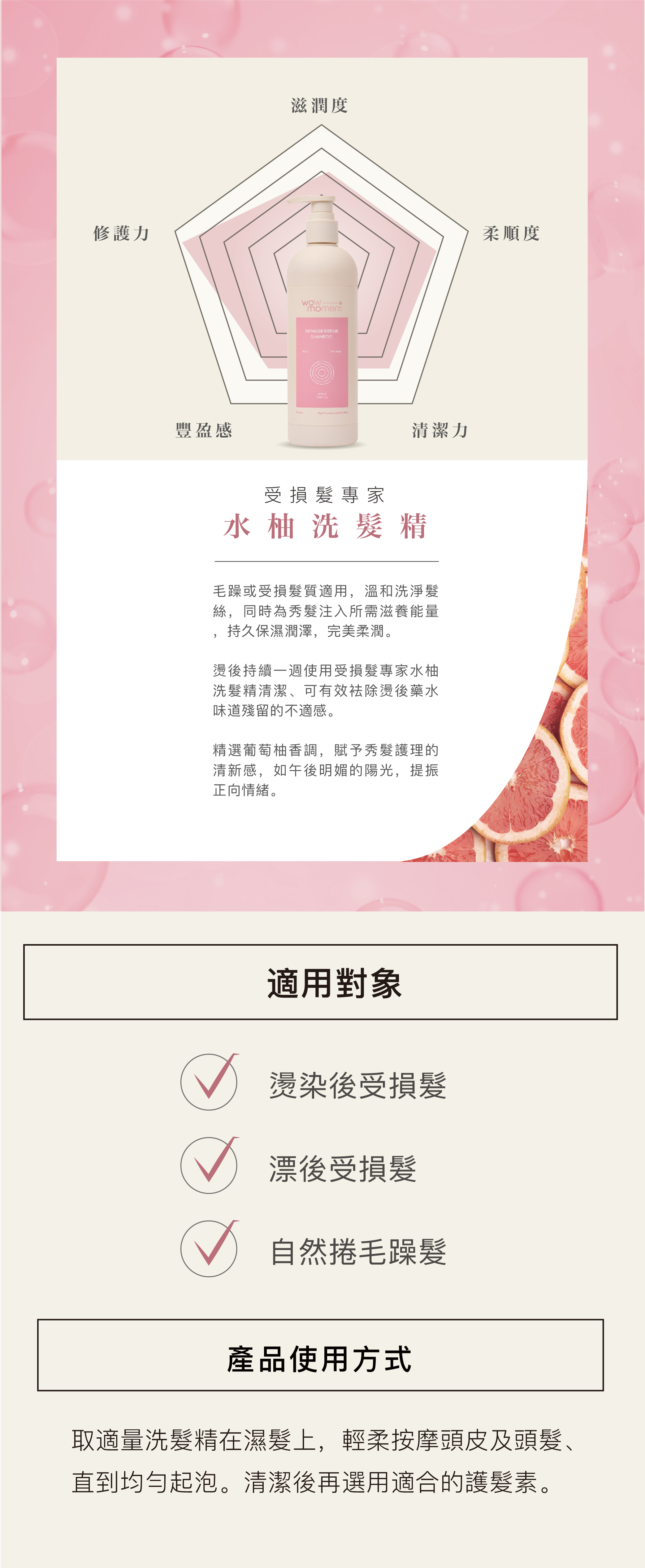 womo受損髮專家水柚洗髮精，針對燙染後受損髮、漂後受損髮、自然捲毛躁髮而生的洗髮精