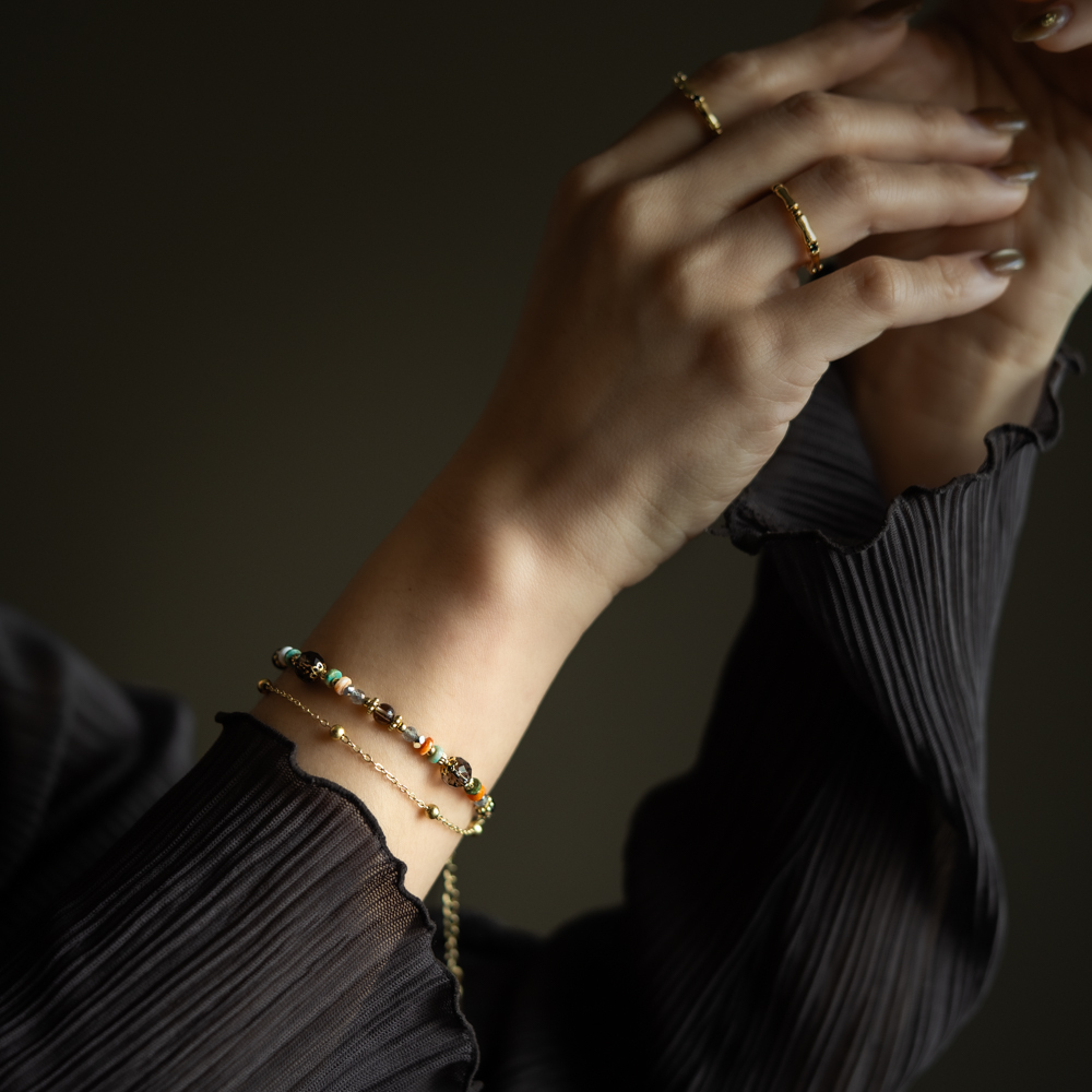 絲滑主義｜茶晶刺螺綠松石拉長石鏈條手鍊 B0011