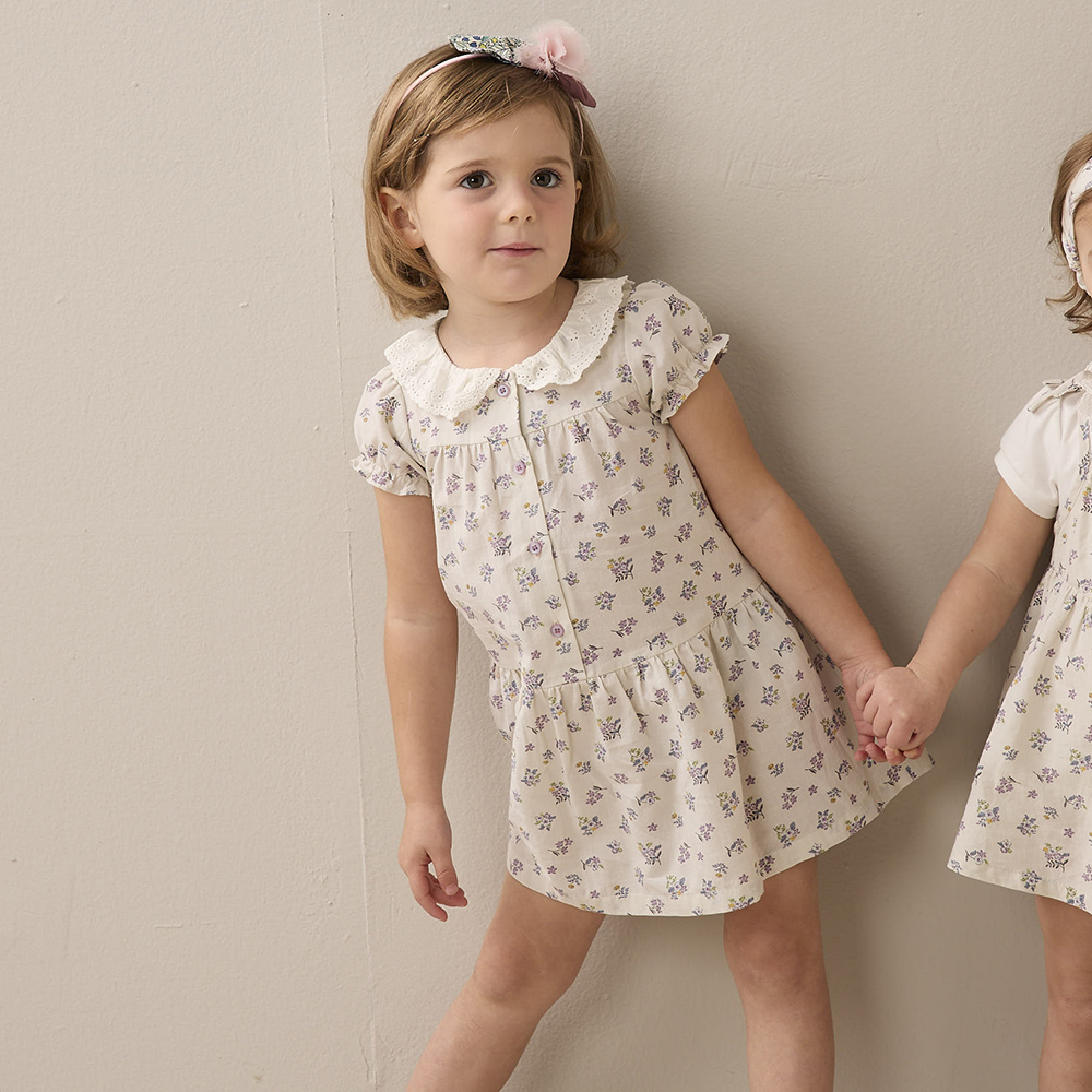 PIPPY 優雅田園印花翻領連身裙洋裝 米