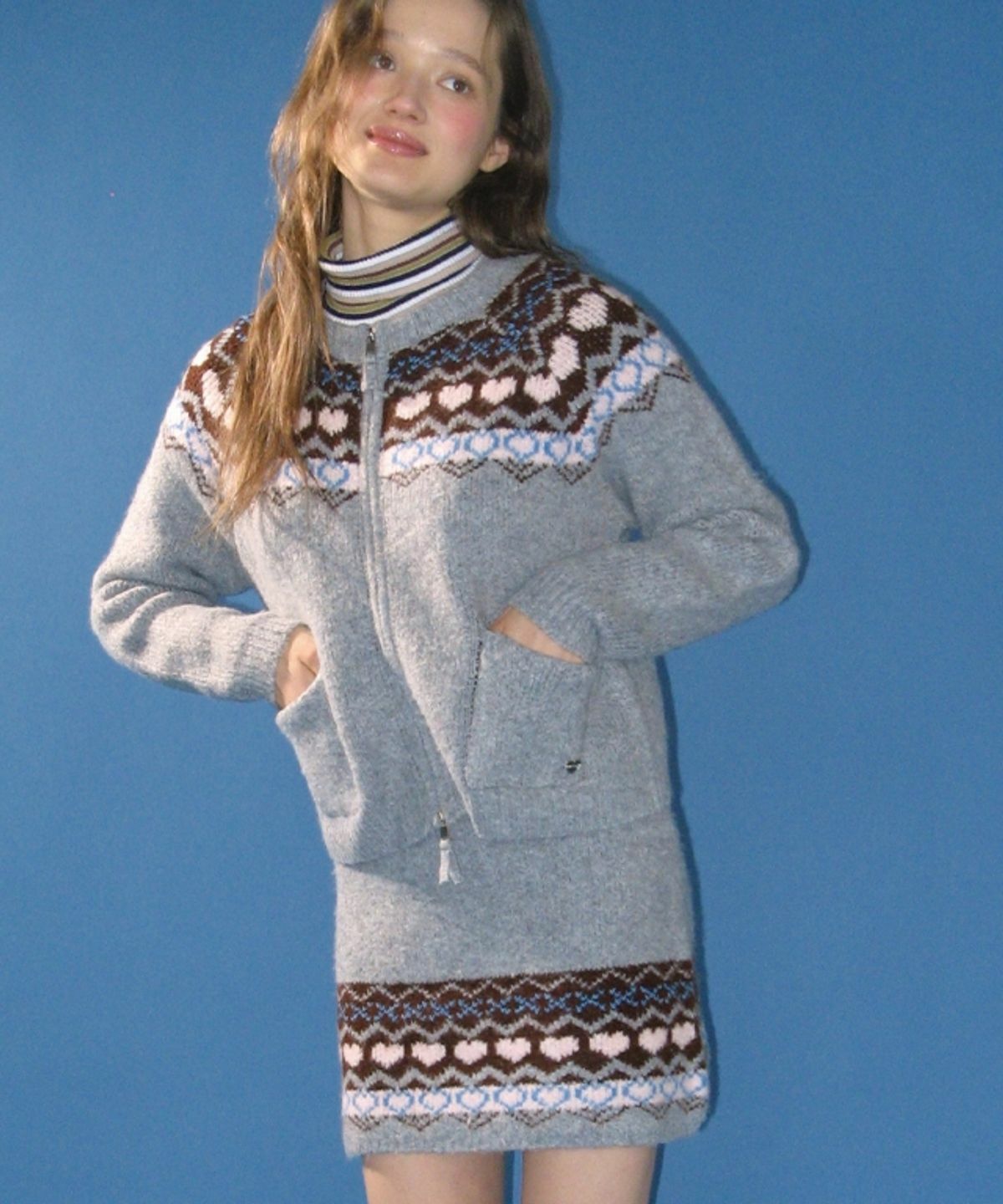 RONRON HEART NORDIC KNIT ZIP UP [SET]