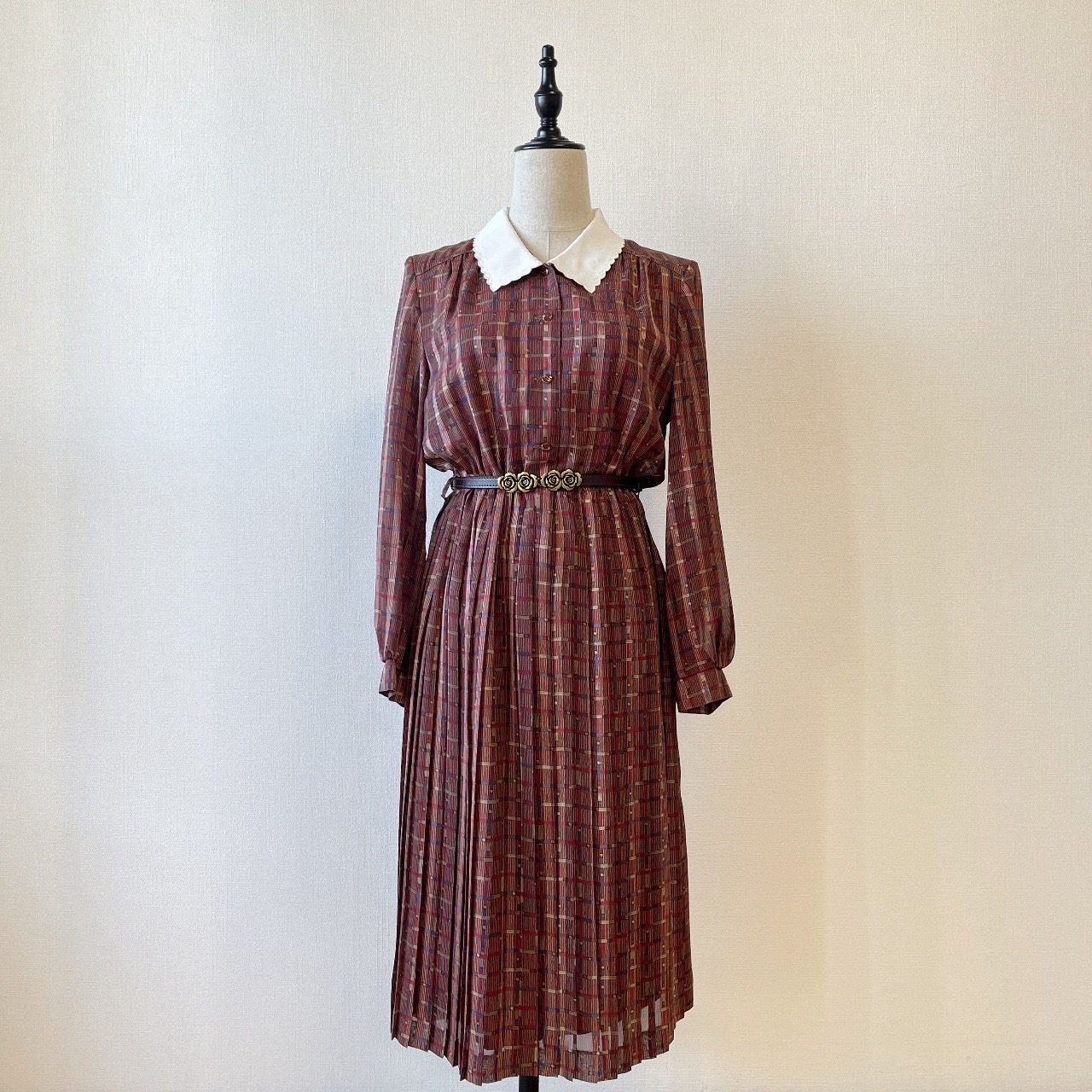 波浪領酒紅色格紋古著連身裙