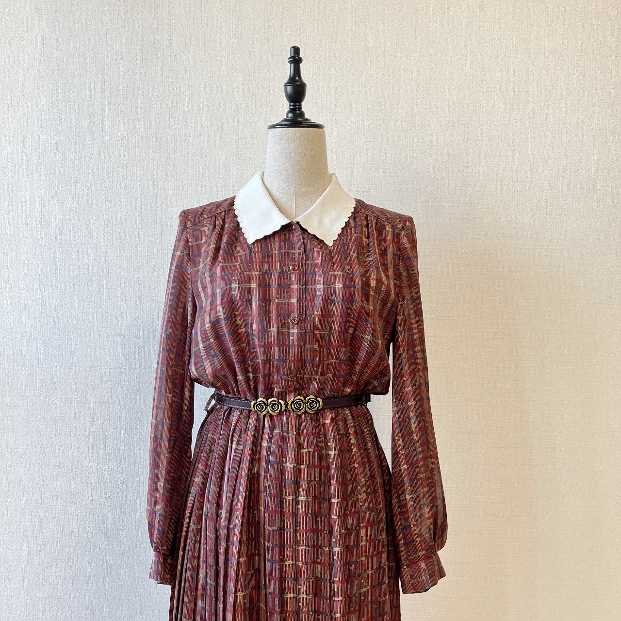 波浪領酒紅色格紋古著連身裙