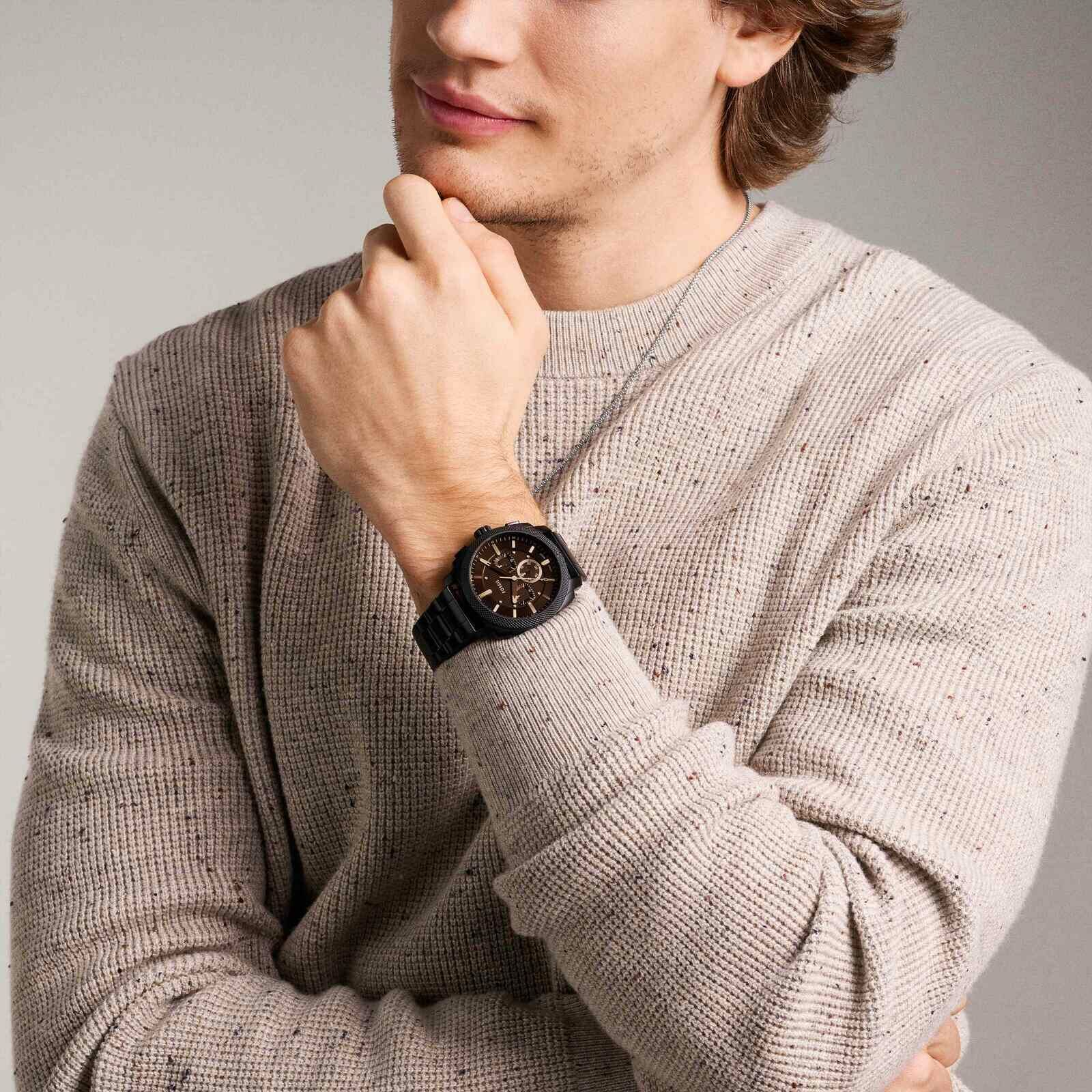 Machine 簡約經典褐澤手錶 黑色不鏽鋼錶帶 44 MM FS6097