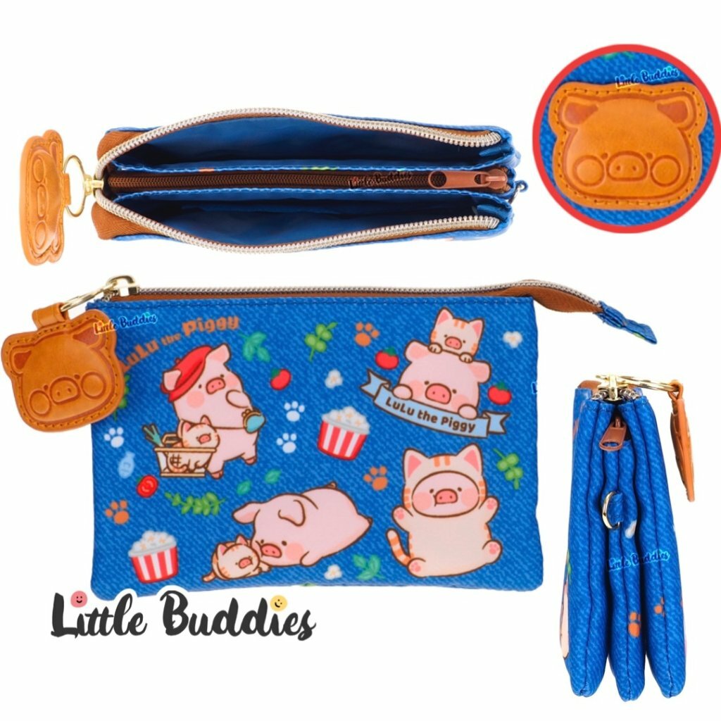 港版LuLu The Piggy LuLu豬 多用途5層小袋 (藍色爆谷布+壓紋皮頭系列)