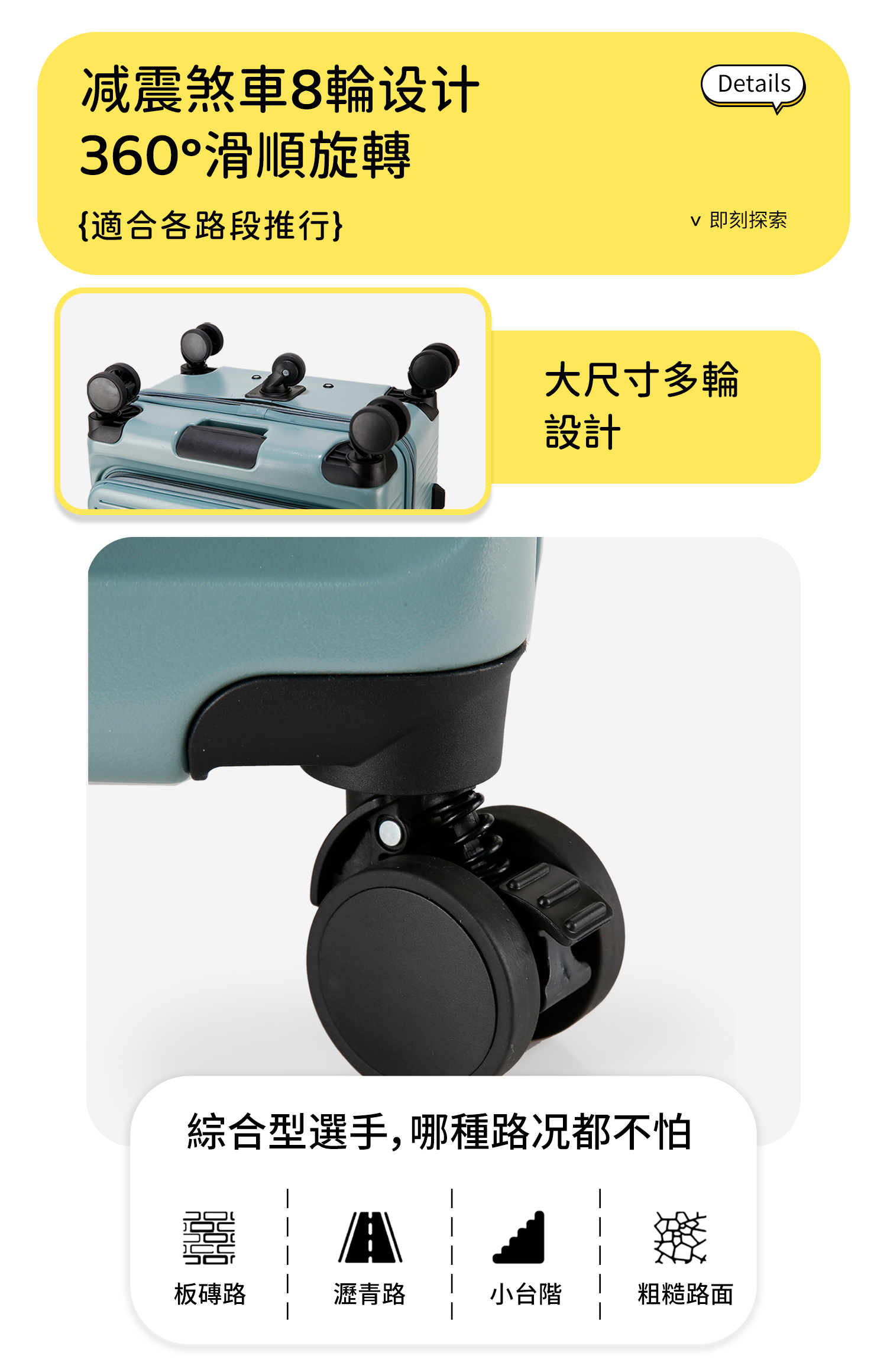 减震煞車8輪设计360°滑順旋轉{適合各路段推行}Details即刻探索大尺寸多輪設計綜合型選手,哪種路况都不怕板磚路瀝青路小台階粗糙路面