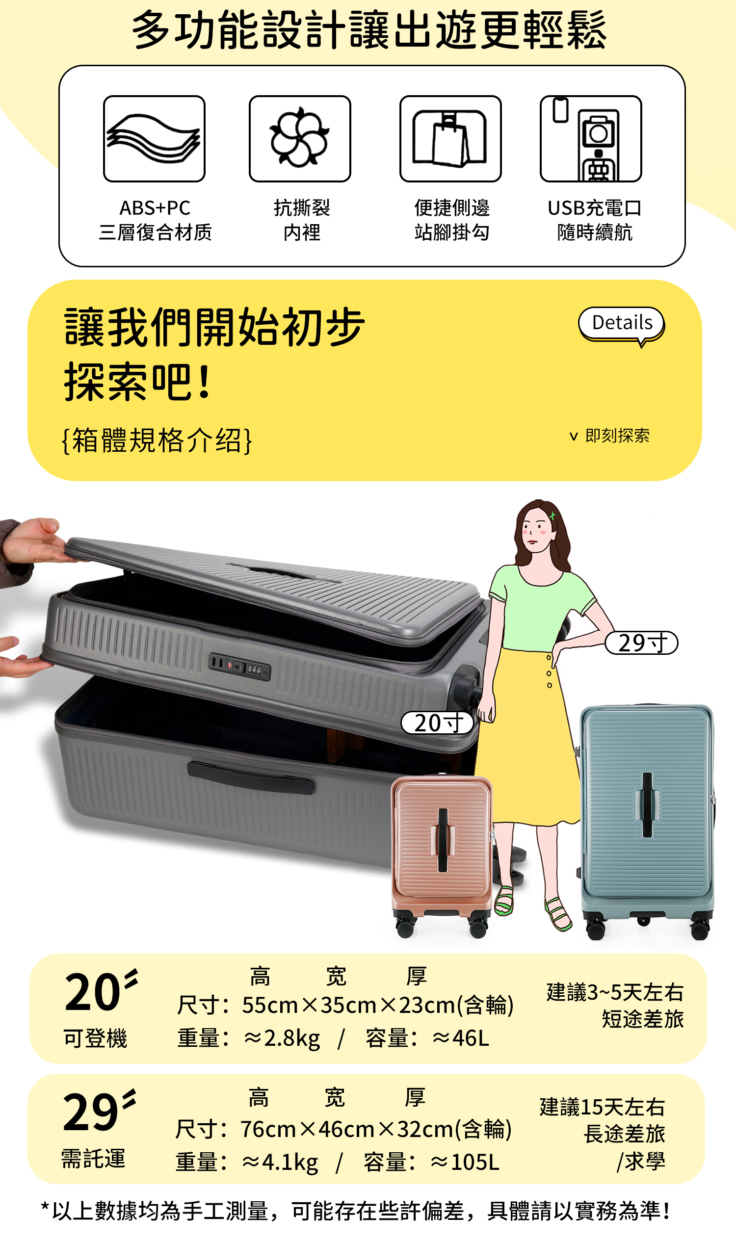 多功能設計讓出遊更輕鬆ABS+PC三層複合材质抗撕裂裡便捷側邊站腳掛勾USB充電口隨時續航讓我們開始初步探索吧!{箱體規格介绍20Details 即刻探索29寸高可登機宽 厚尺寸:55cm×35cm×23cm(含輪)重量:≈2.8kg / 容量:≈46L建議3~5天左右短途差旅29高宽厚建議15天左右需托運尺寸:76cm×46cmx32cm(含輪)重量:≈4.1kg / 容量:≈105L長途差旅/求學*以上數據均為手工測量,可能存在些許偏差,具體請以實務為準!