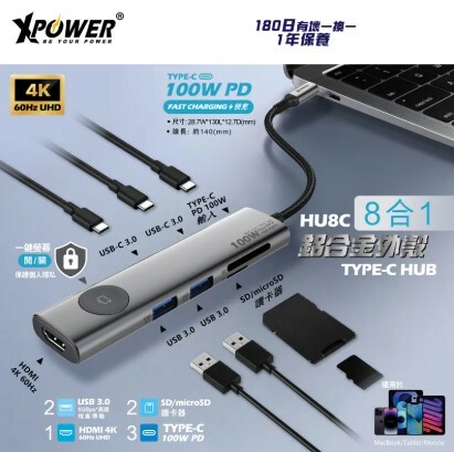 （2026新年限時優惠）XPower HU8C 8合1 100W PD Hub