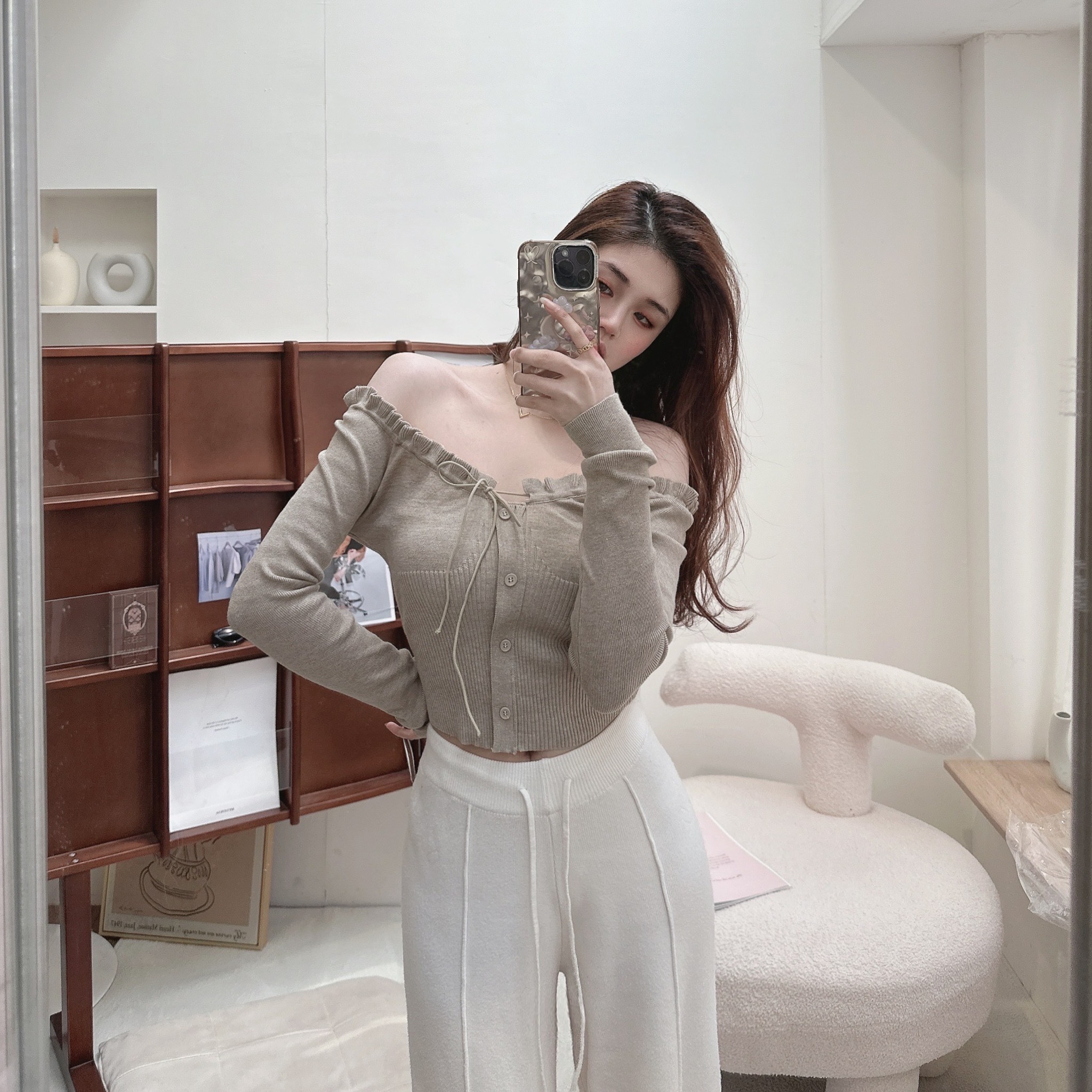 小花邊一字領針織上衣/三色