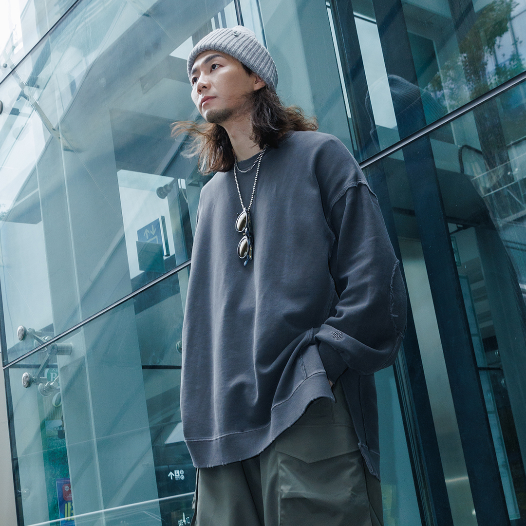 水洗系列 手肘補丁 舊化加工長版衛衣－石洗灰