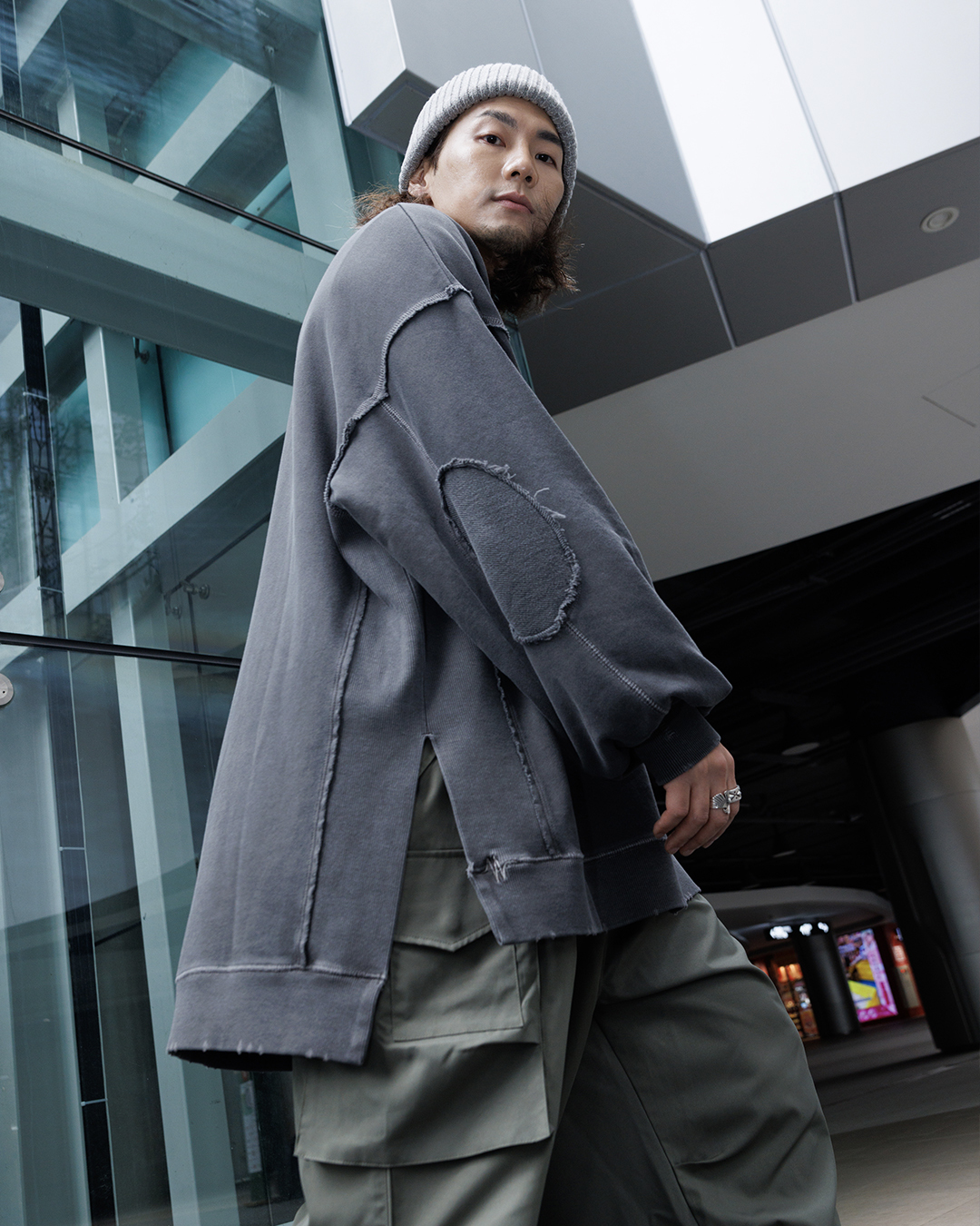 水洗系列 手肘補丁 舊化加工長版衛衣－石洗灰