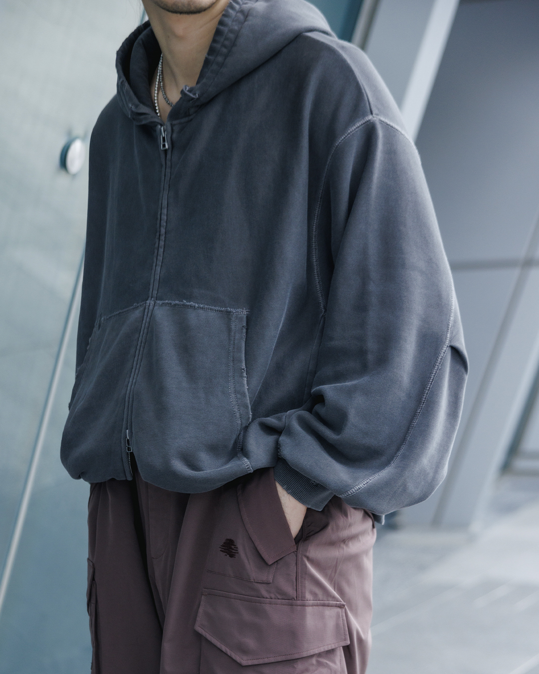 水洗系列 ４抽繩 舊化加工 oversize連帽外套－石洗灰