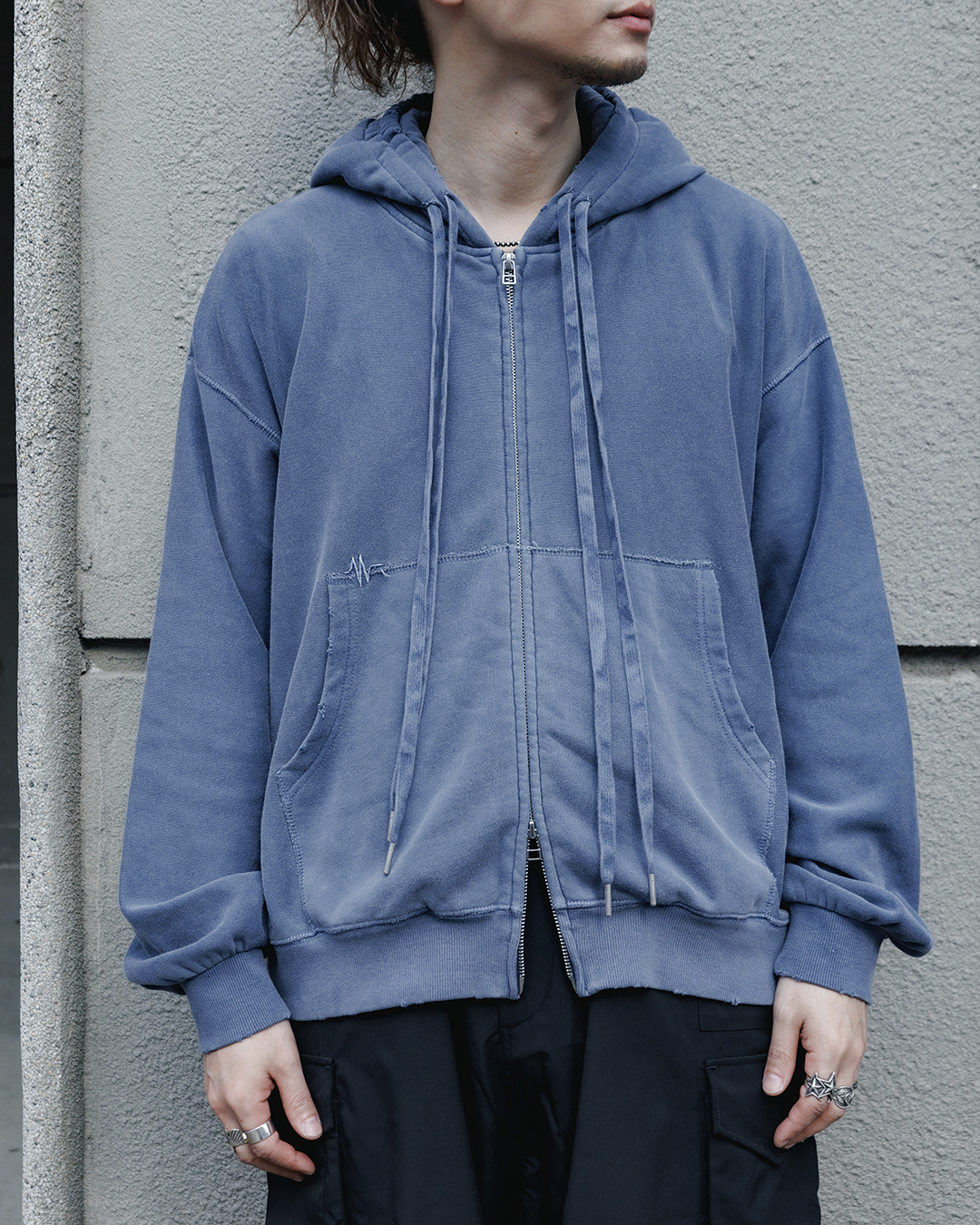水洗系列 ４抽繩 舊化加工 oversize連帽外套－光霧藍