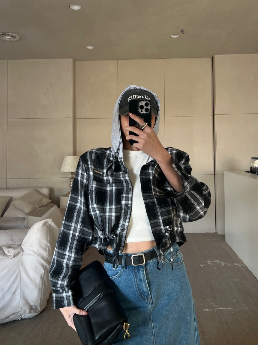 格子短版連帽外套