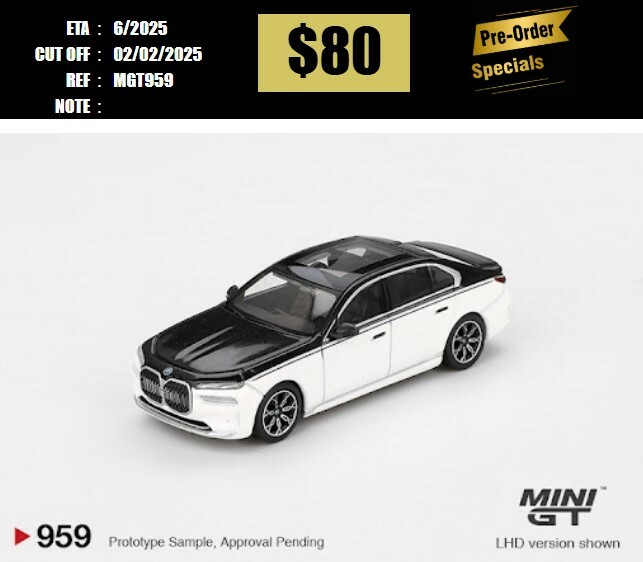 PO-$80  * MINI GT * 1:64 #959 BMW i7 xDrive60 Alpine White / Black Sapphire RHD [OD22/01]