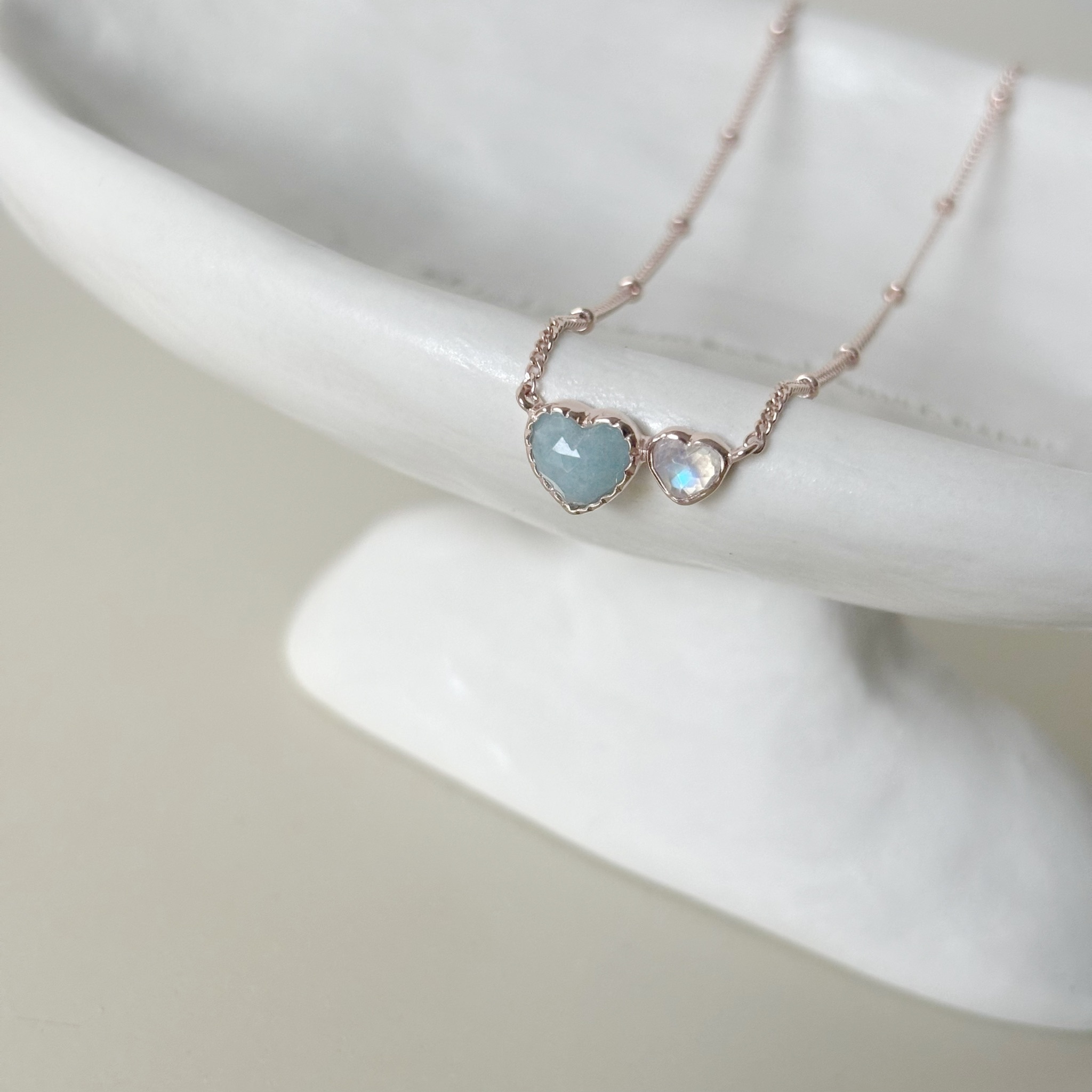 Double heart水藍石英月光石項鍊