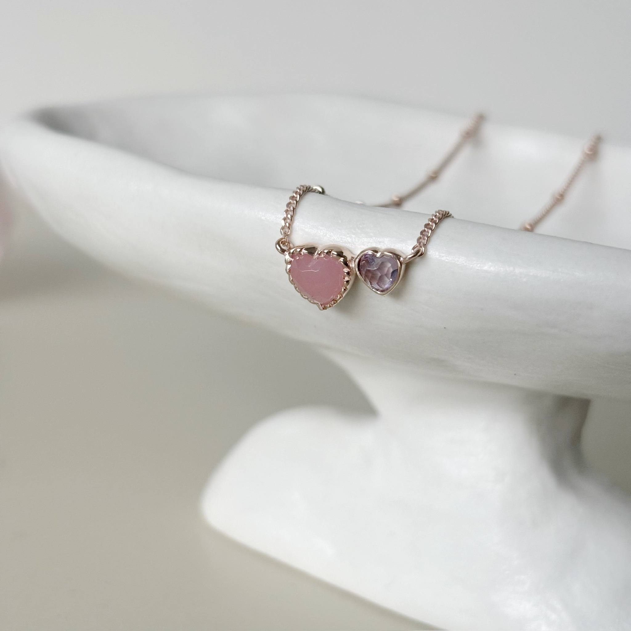 Double heart粉紅石英紫水晶項鍊