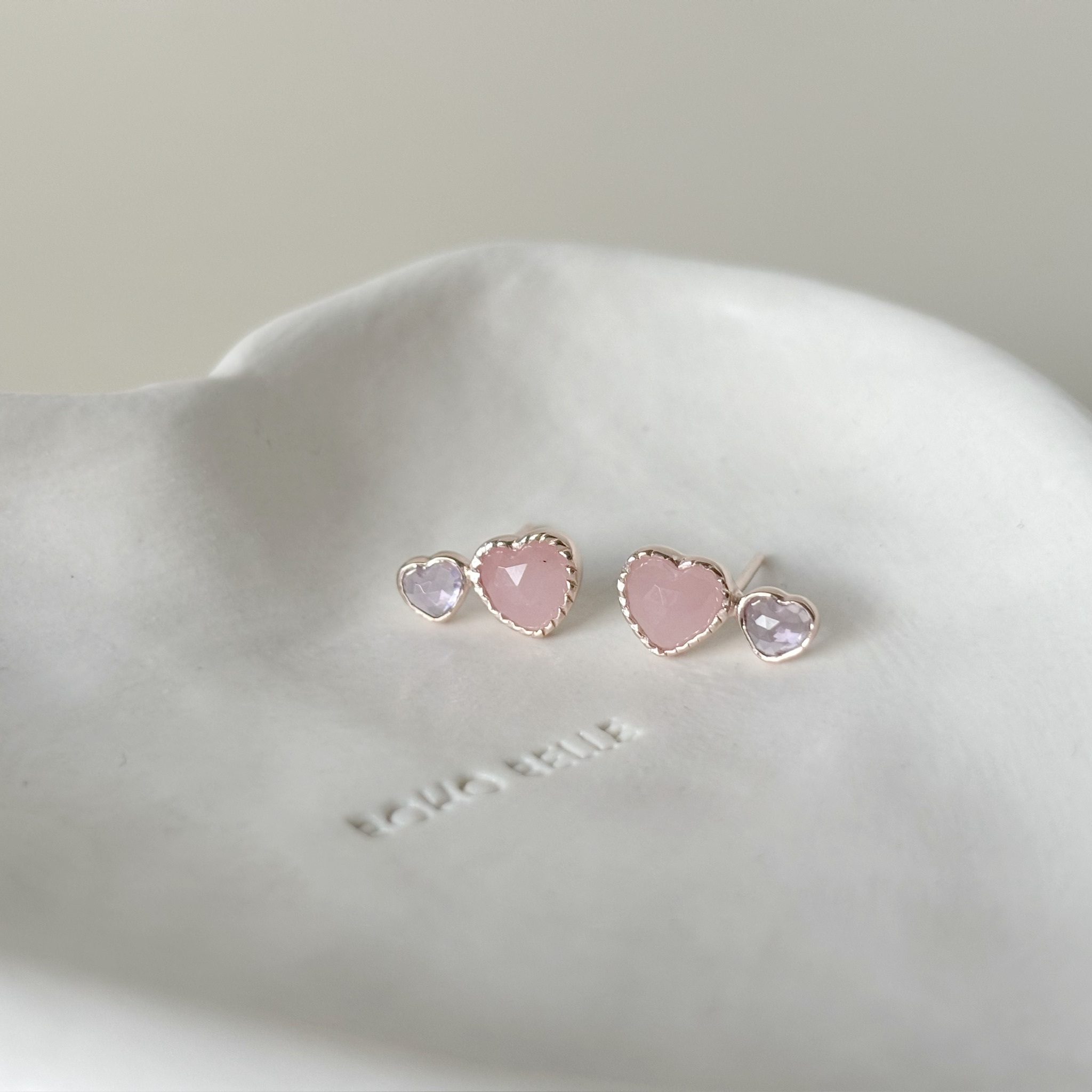 Double heart粉紅石英紫水晶耳環