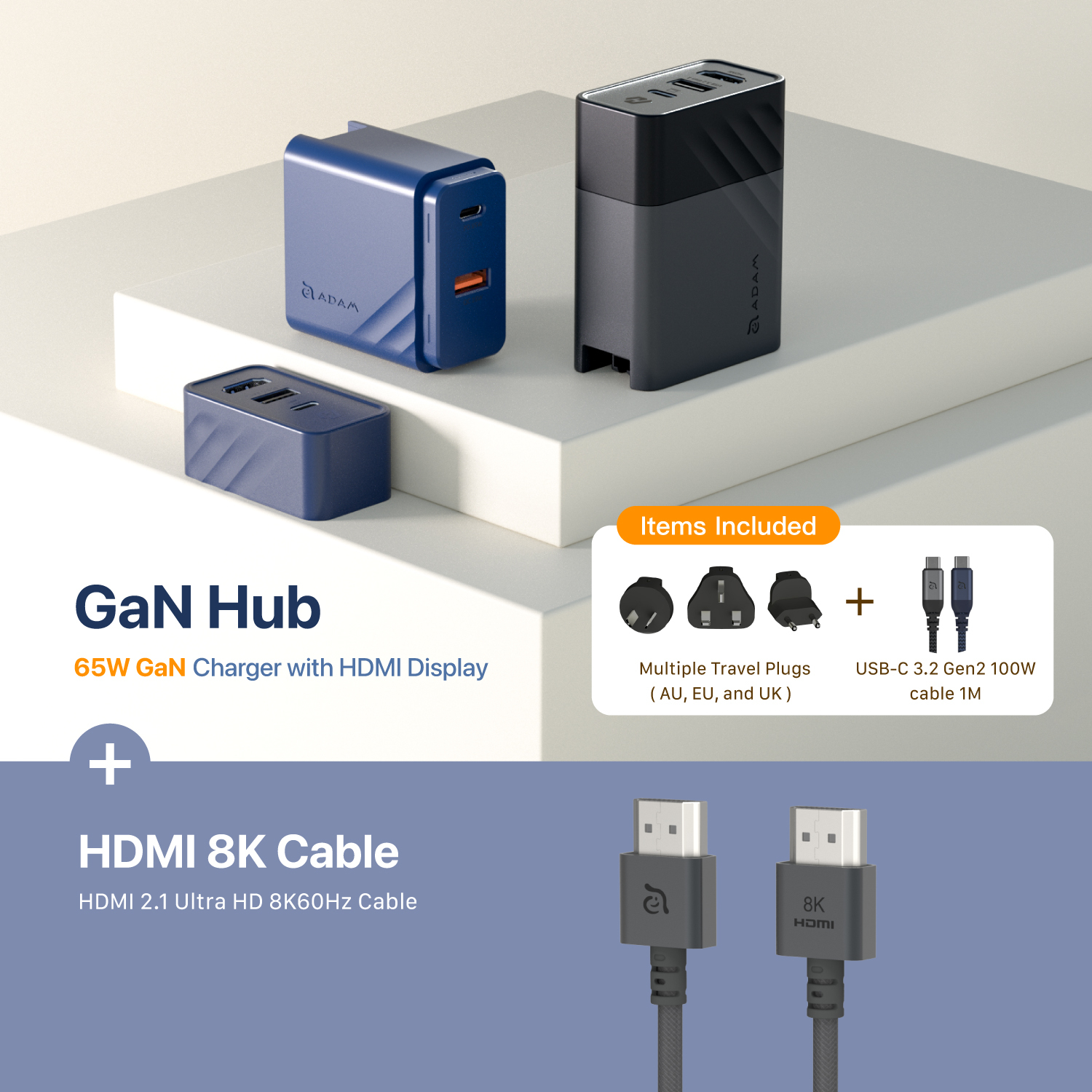 GaN  Hub 65W GaN Charger with HDMI Display + HDMI 8K Cable HDMI 2.1 Ultra HD 8K60Hz Cable