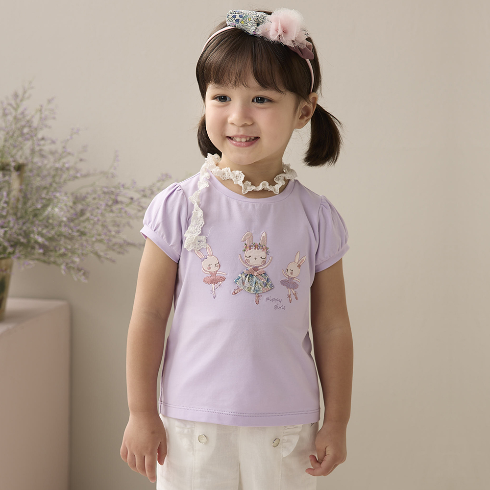 PIPPY 歡樂跳舞小兔泡泡袖棉質上衣  紫