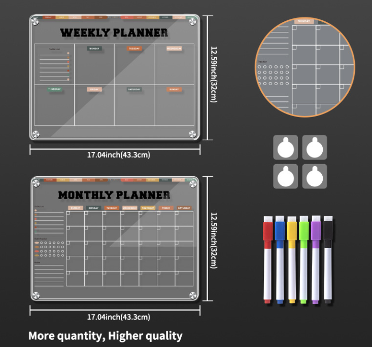 A3立体磁吸透明亚力克板每月计划表（附送5只磁性笔+4个磁铁）