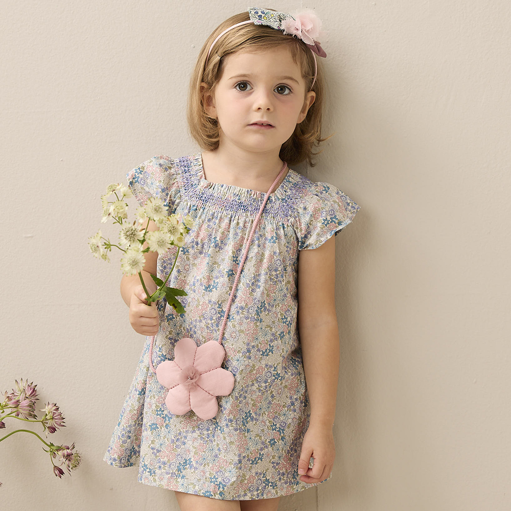 PIPPY ㄇ型領優雅滿版純棉印花洋裝+小花造型包  紫