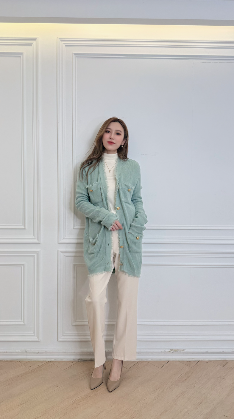 綠色抽鬚金釦針織外套