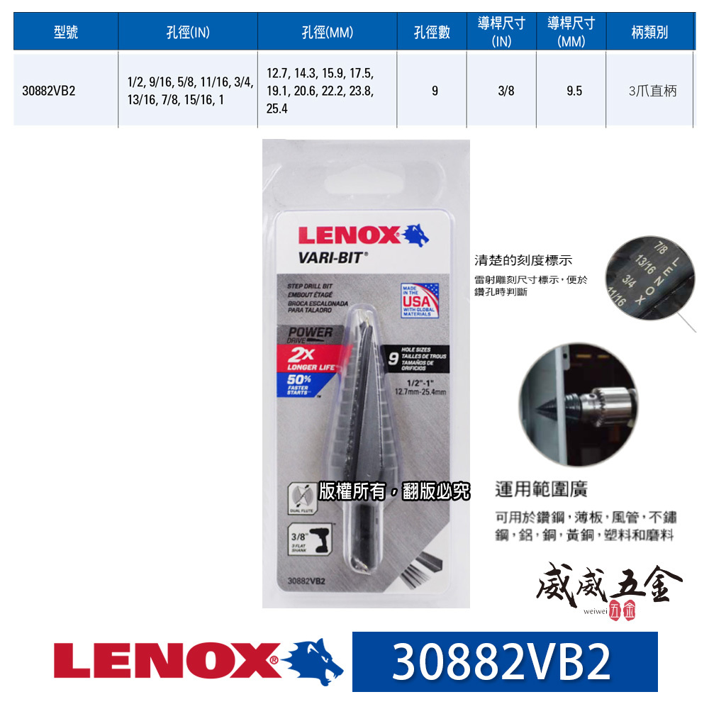 美國 LENOX 狼牌｜12.7-25.4mm｜直柄階梯鑽頭｜開孔鑽尾 直柄階梯鑽 鑽孔器｜30882VB2