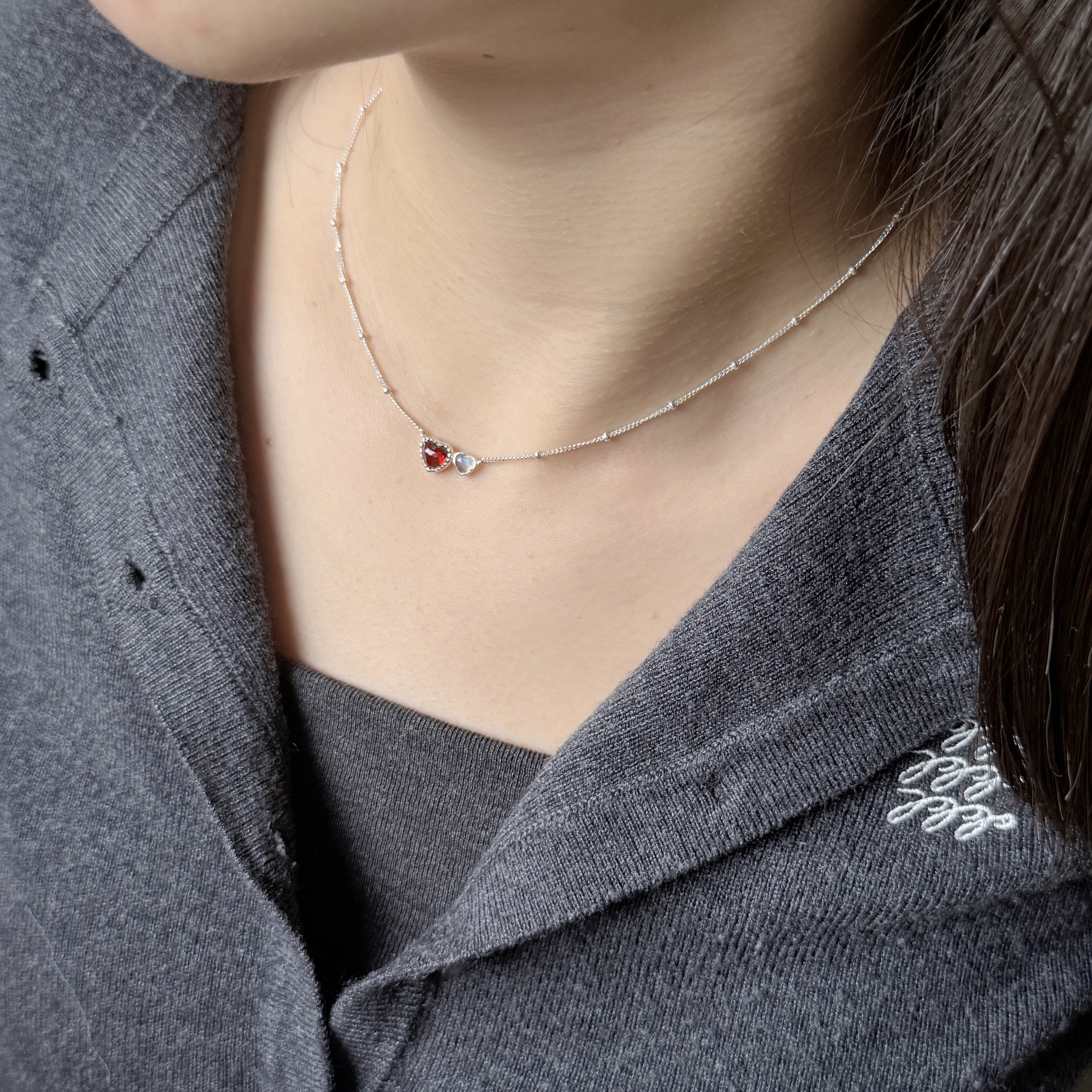 Double heart石榴拉長石項鍊