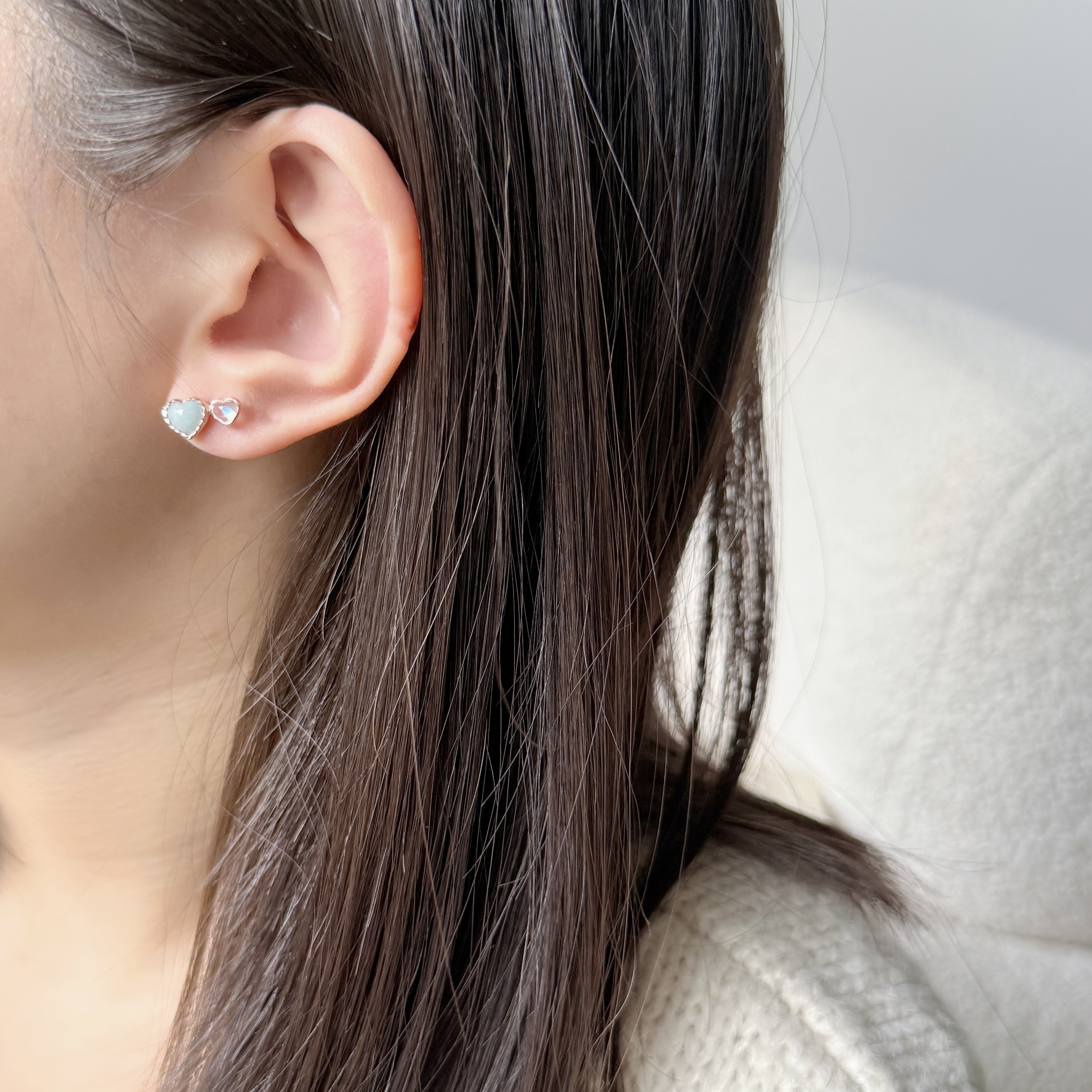Double heart水藍石英月光石耳環