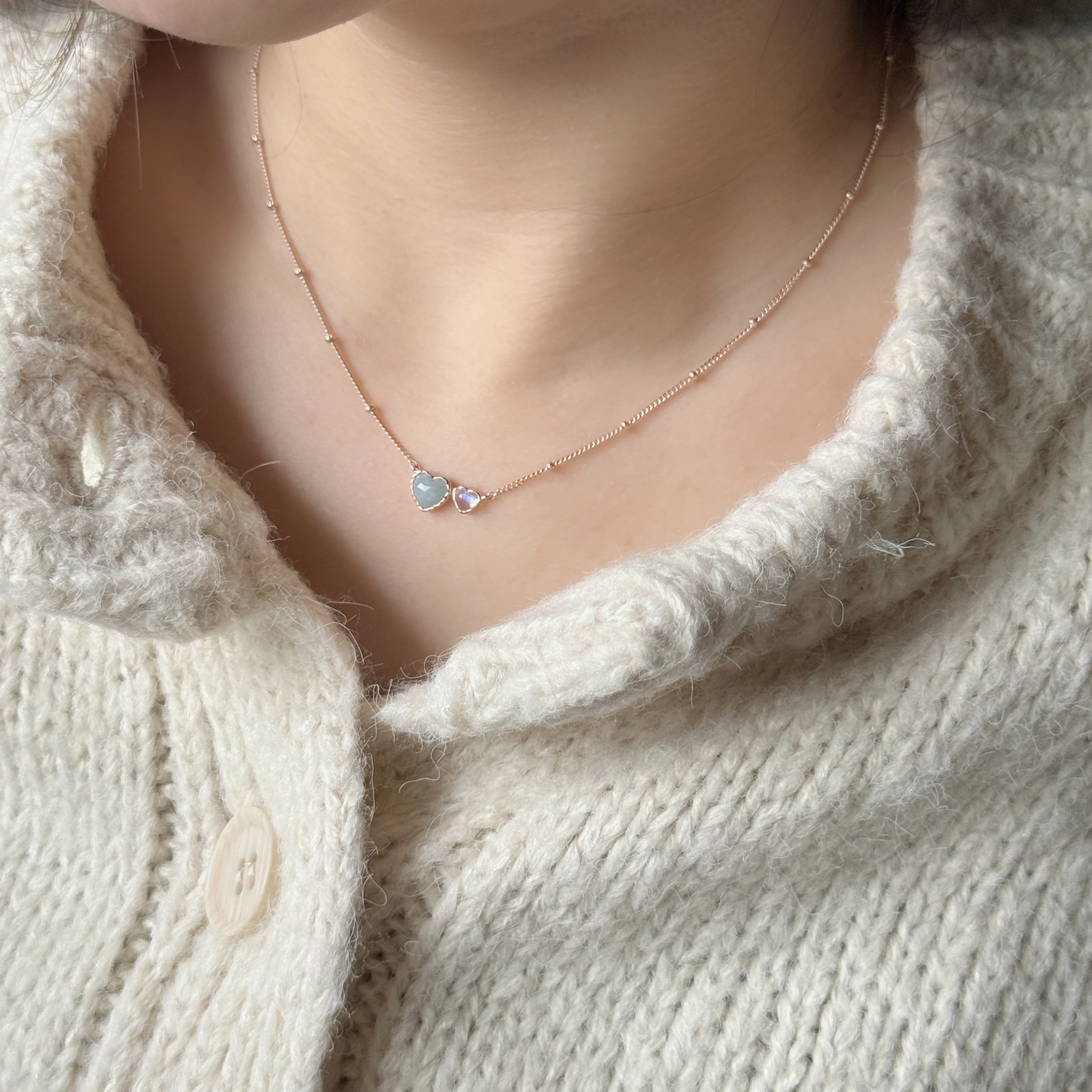 Double heart水藍石英月光石項鍊