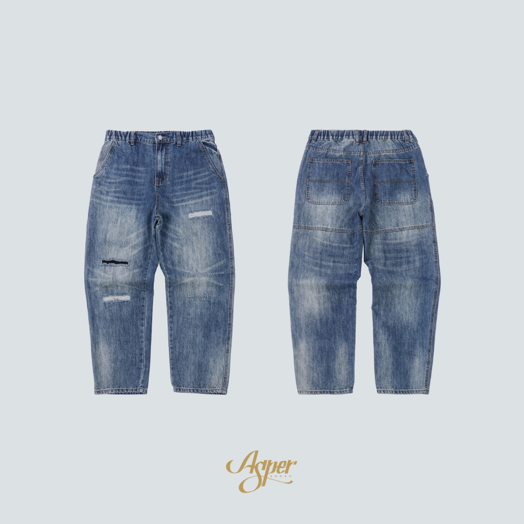 SBG 抓破補釘寬鬆微錐牛仔褲 805