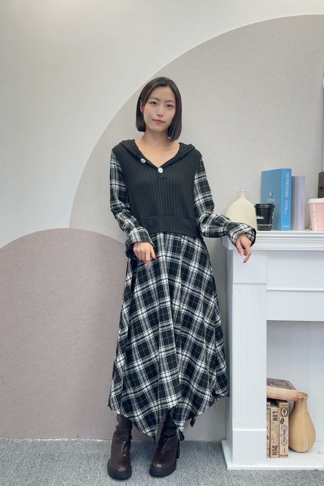 OP#6812🤍完全遮肚英倫格連身裙