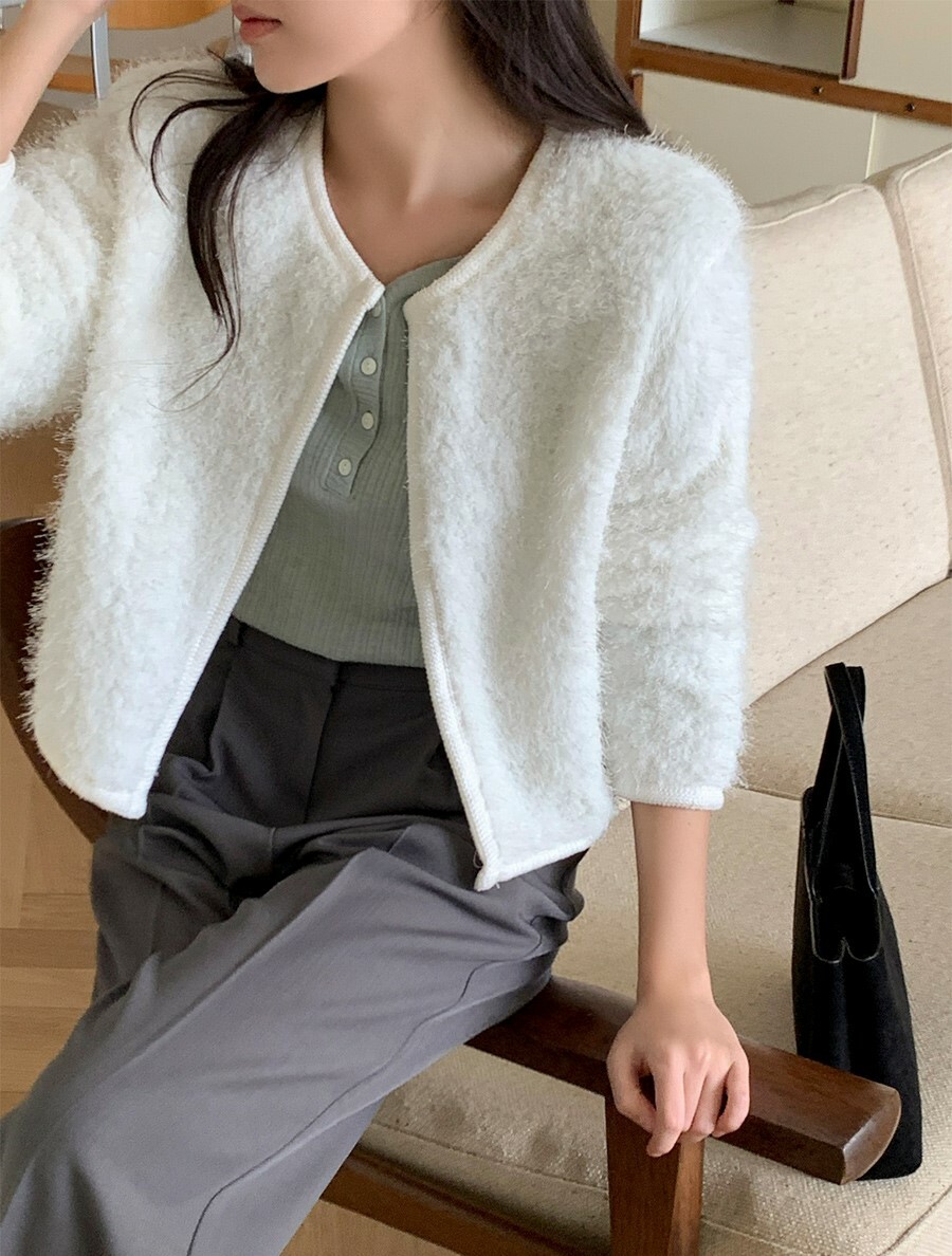 韓國Cherrykoko授權 質感柔和冷色毛絨短版開襟外套