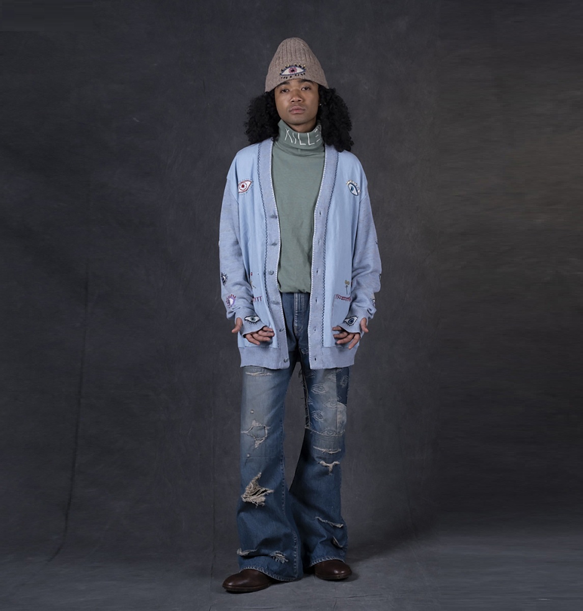 KAPITAL KNIT x CHAMBRAY CARDIGAN (SPEAKEASY EMBROIDERY) - BLUE PRE ORDER ITEM (預訂中)