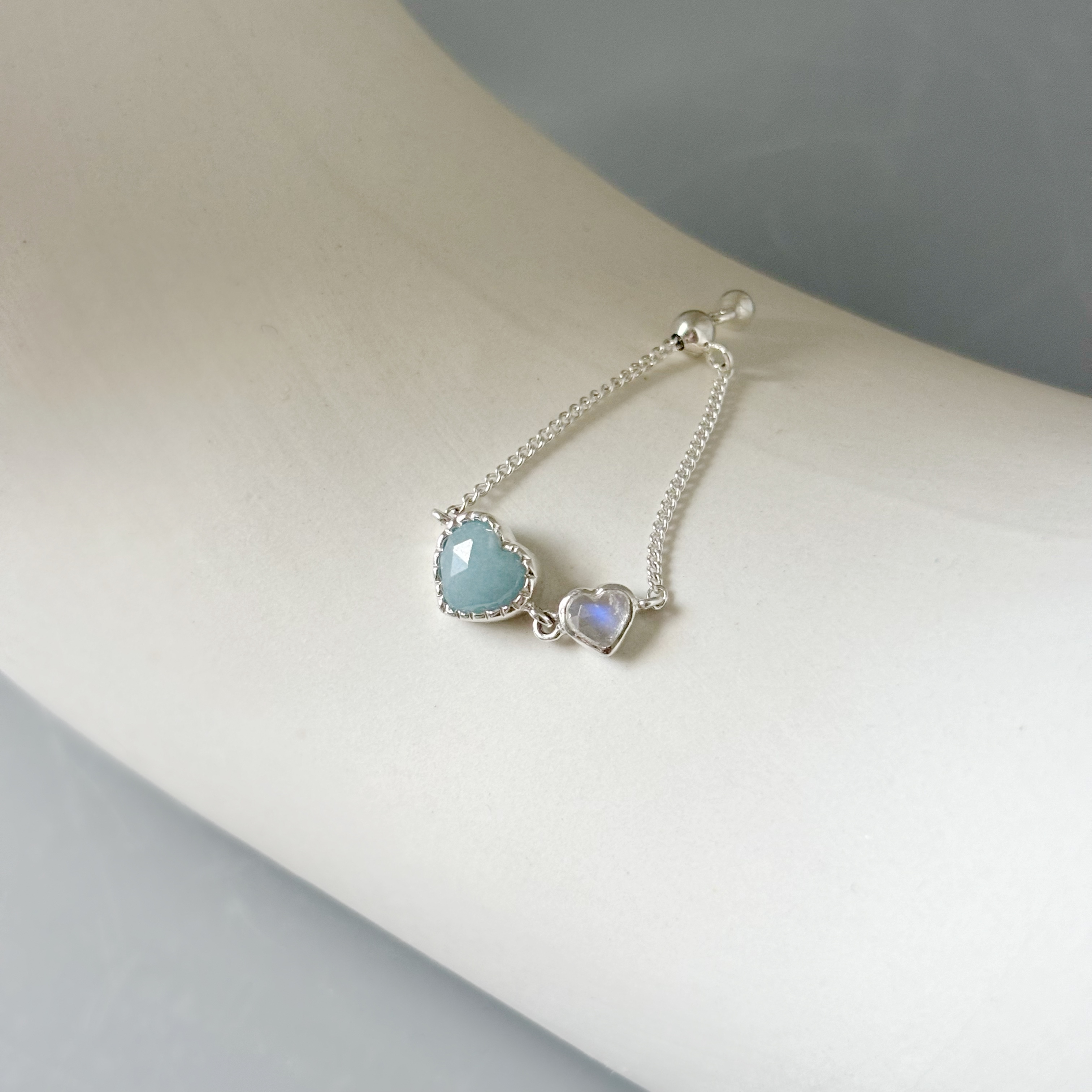 Double heart水藍石英月光石鍊戒