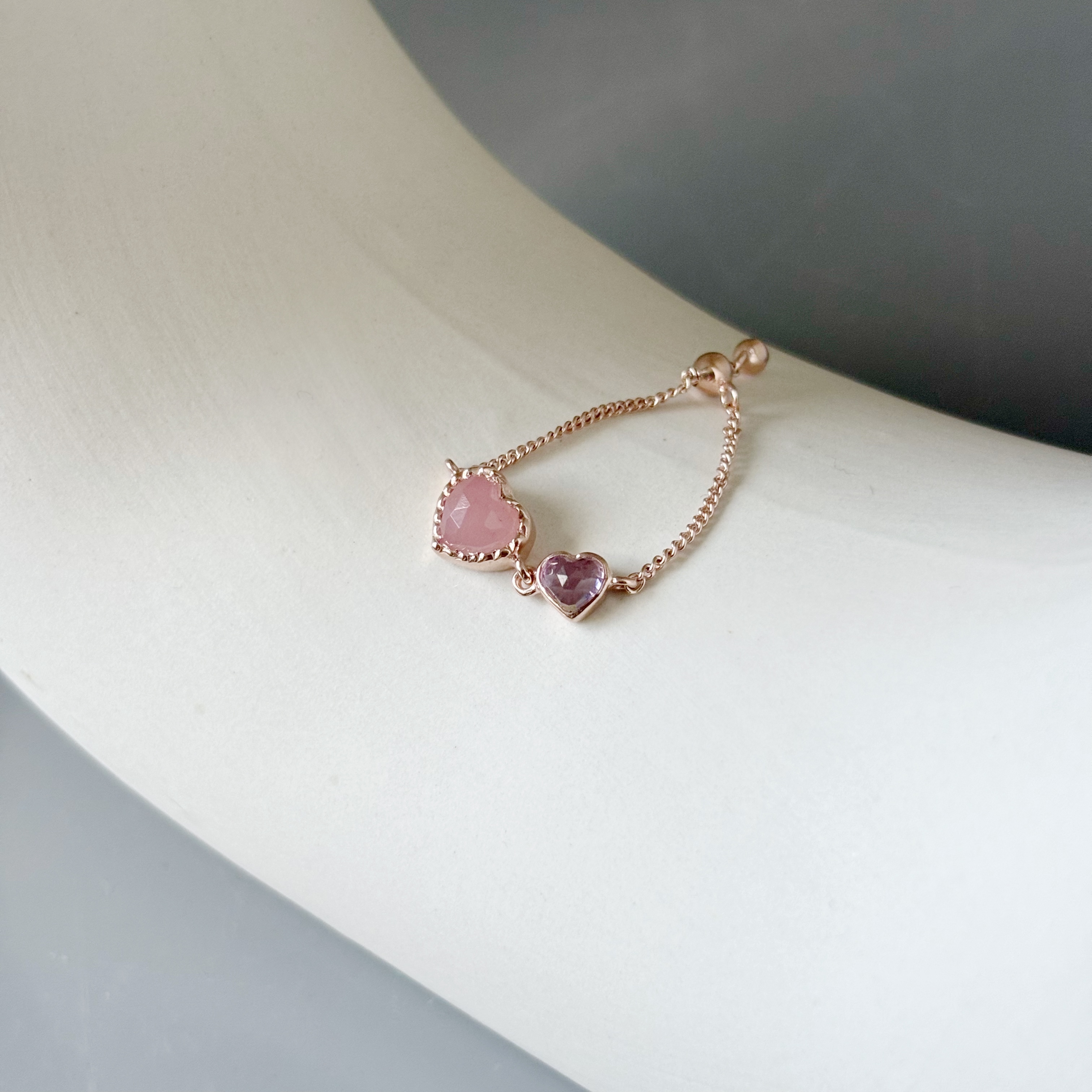 Double heart粉紅石英紫水晶鍊戒