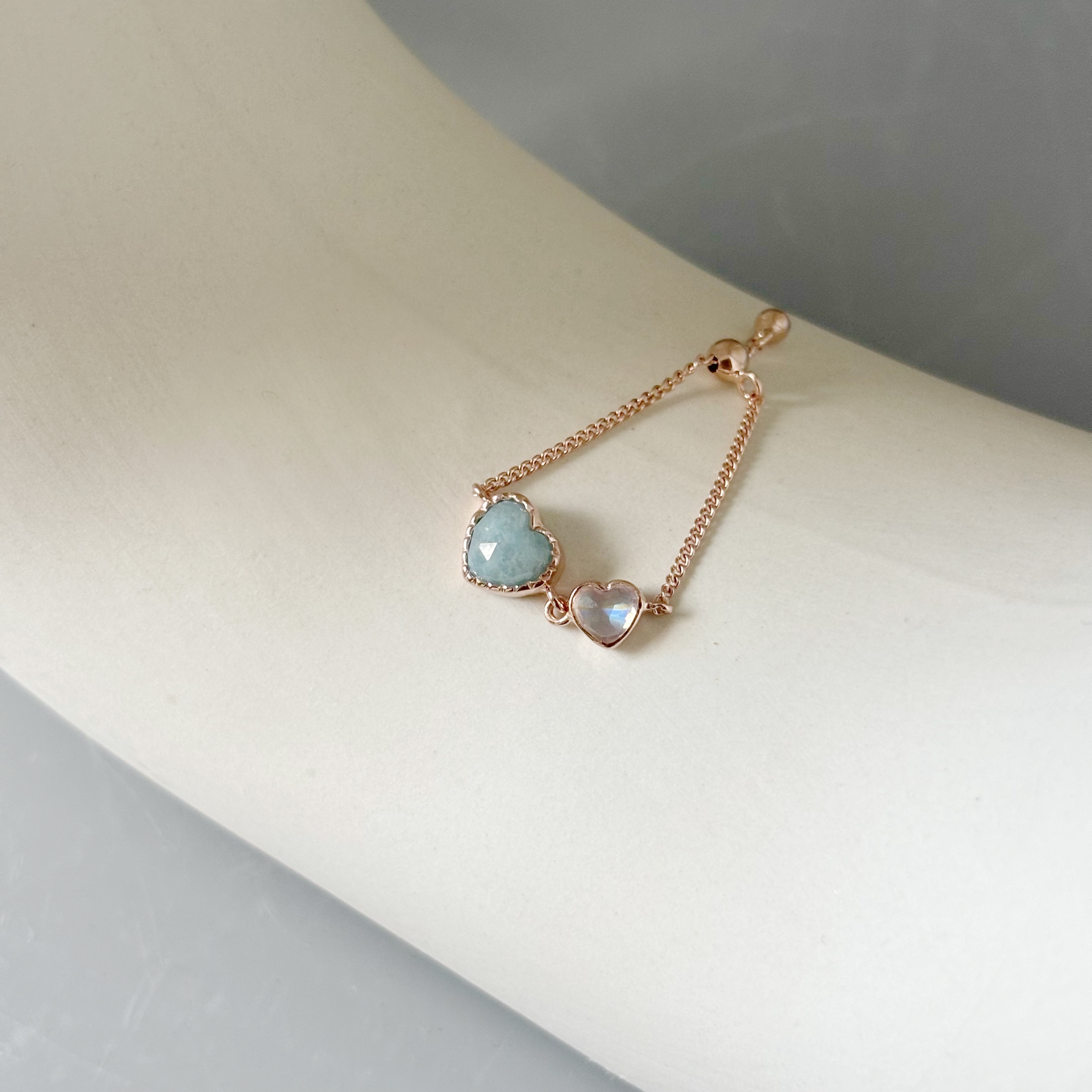 Double heart水藍石英月光石鍊戒