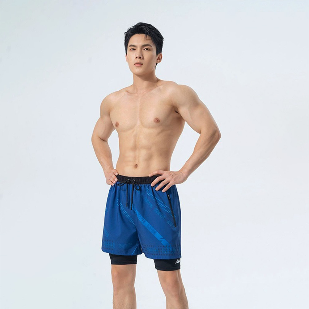 男士數碼印花內襯游泳沙灘褲 - 藍