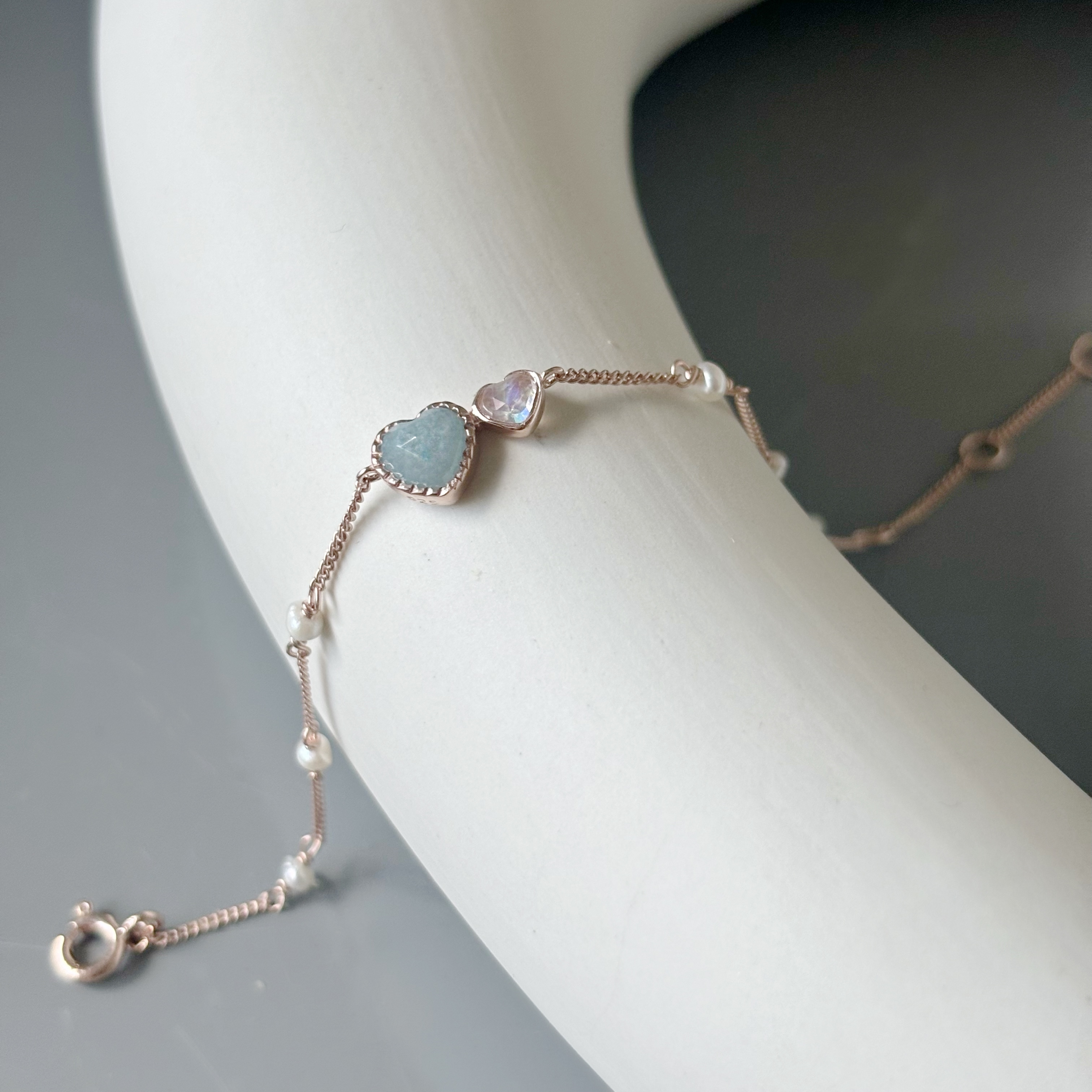 Double heart水藍石英月光石手鍊