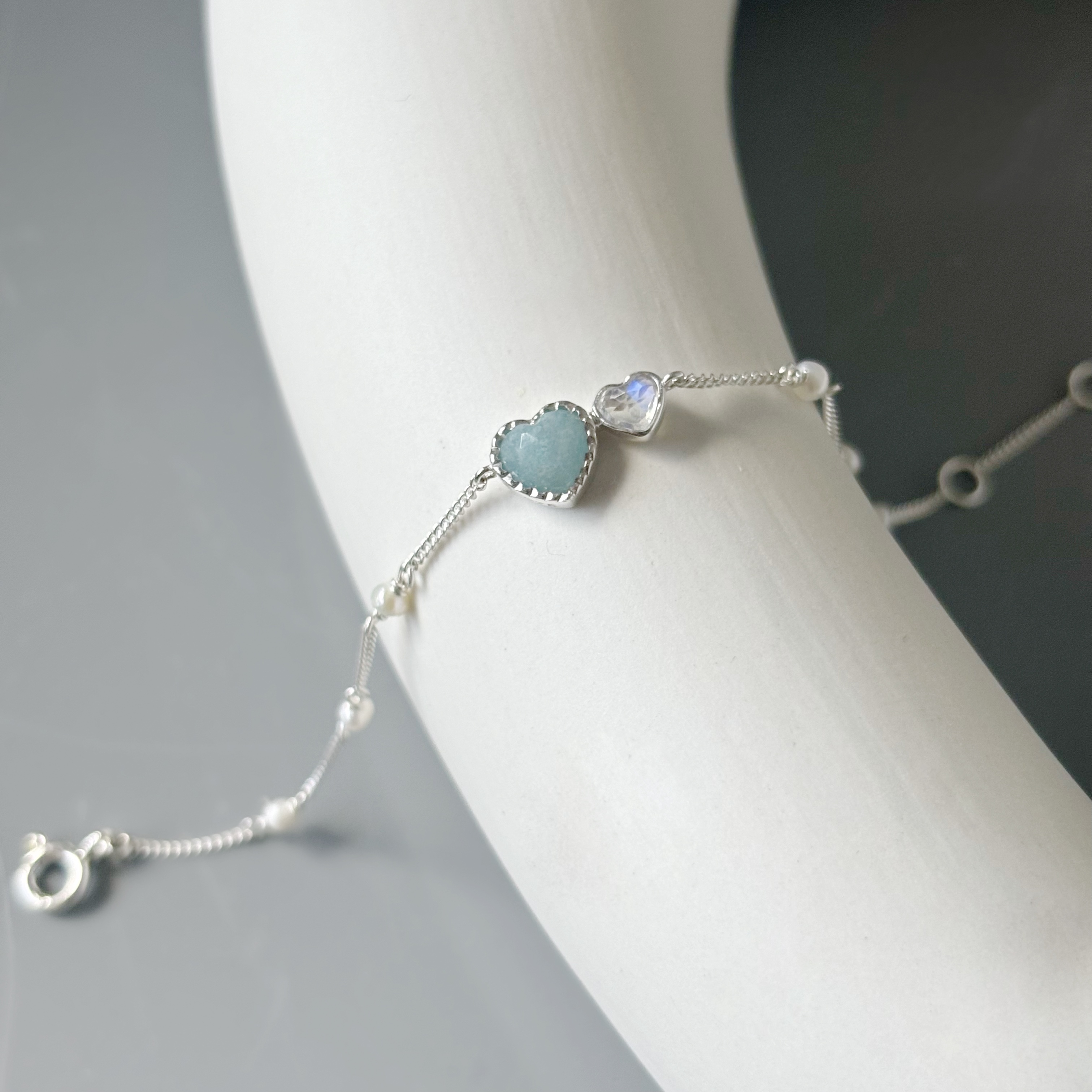 Double heart水藍石英月光石手鍊