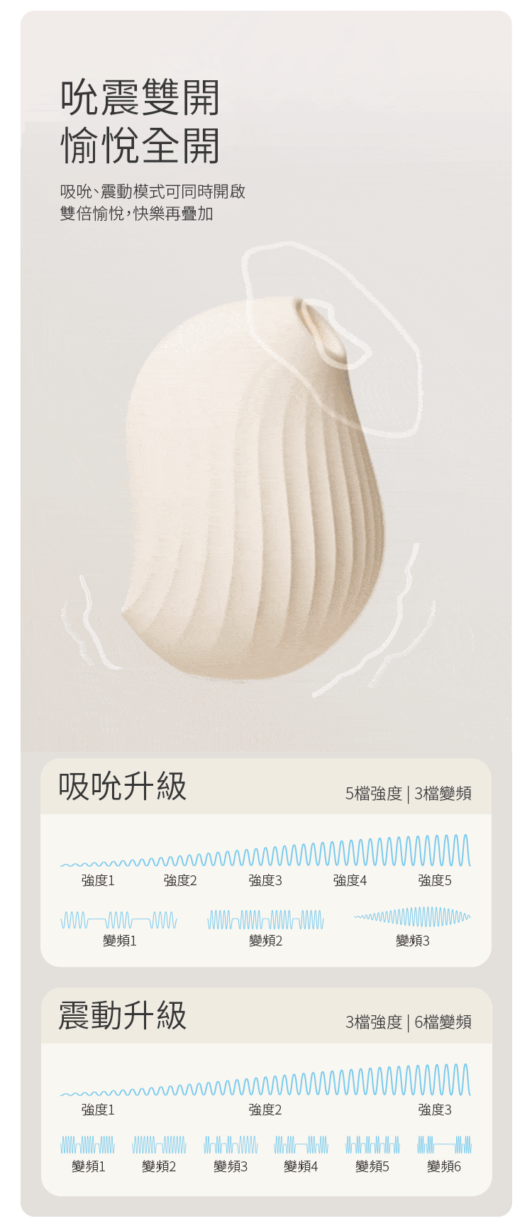 吮吸 & 震動雙模式,5 檔吸吮 + 3 檔變頻,3 檔震動 + 6 檔變頻,雙重刺激更有感。