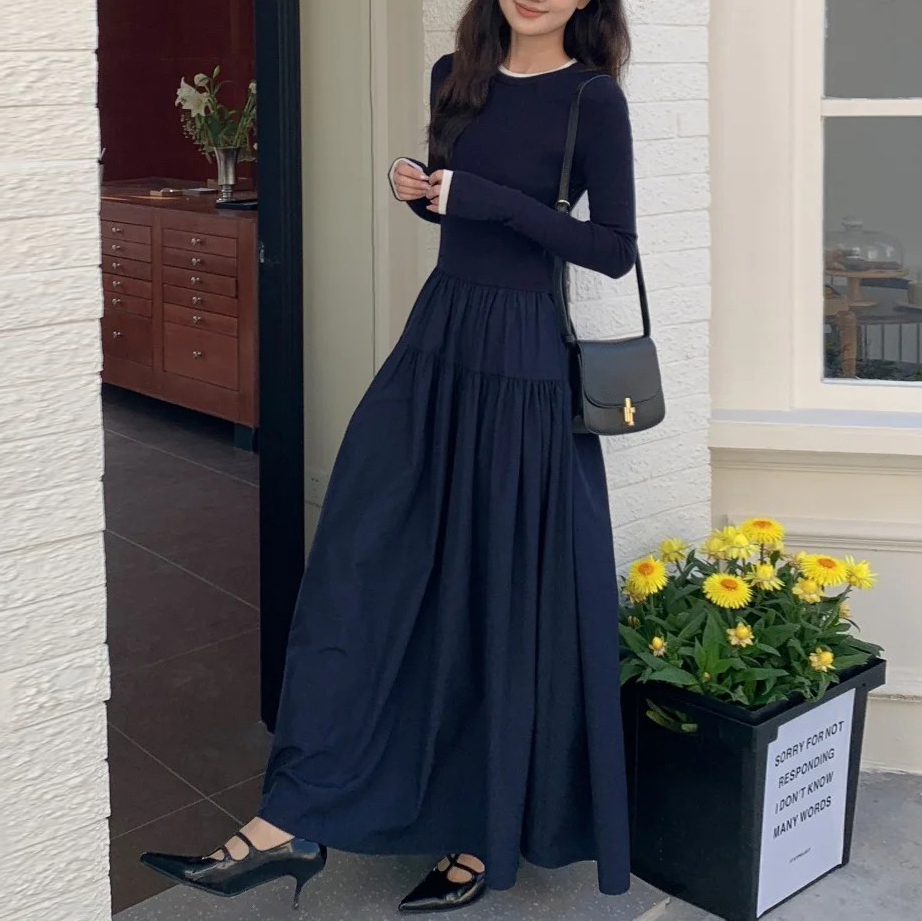 白線滾邊海軍藍收腰傘擺長洋裝-F (Elegant & Love)