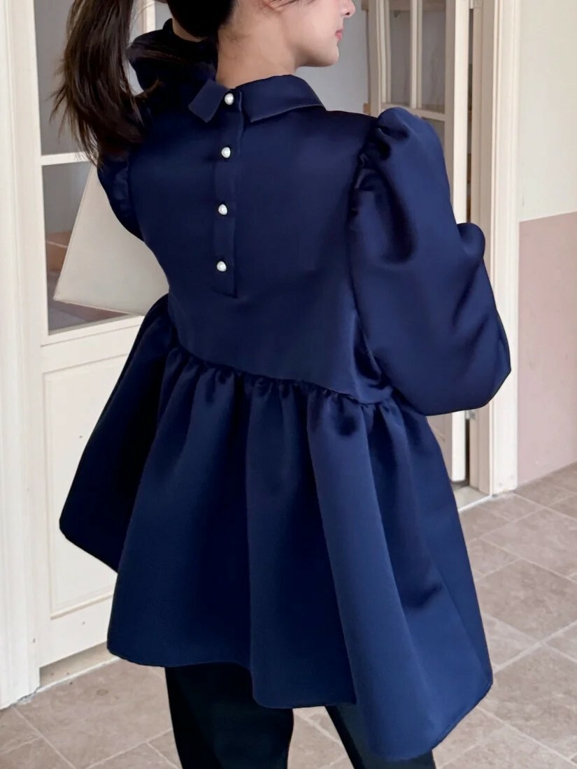 緞光海軍藍翻領後排釦娃娃上衣-F (Elegant & Love)