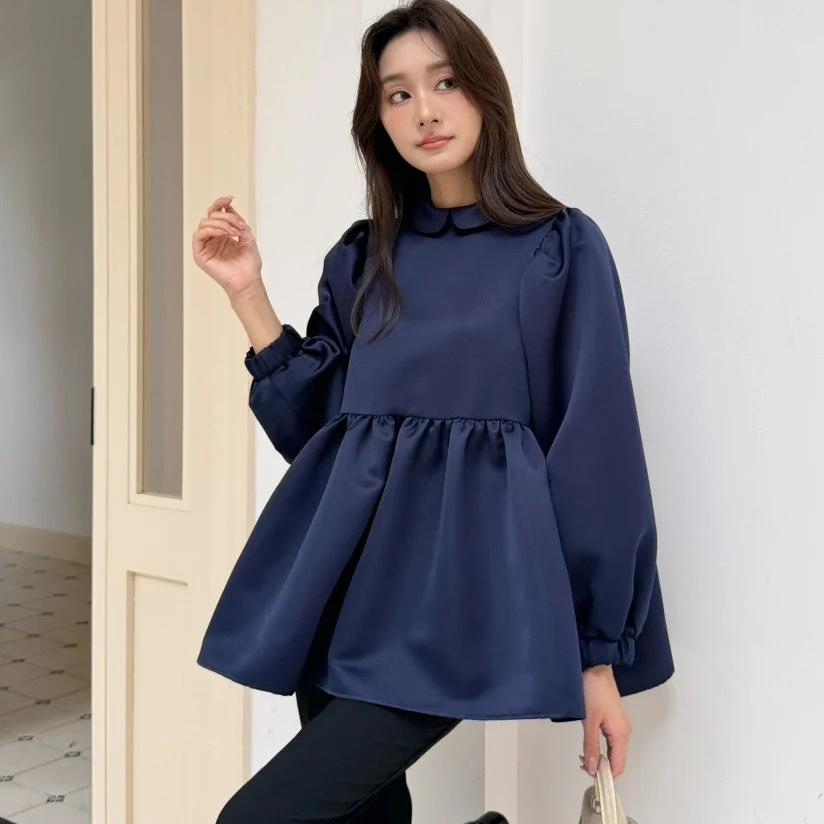 緞光海軍藍翻領後排釦娃娃上衣-F (Elegant & Love)