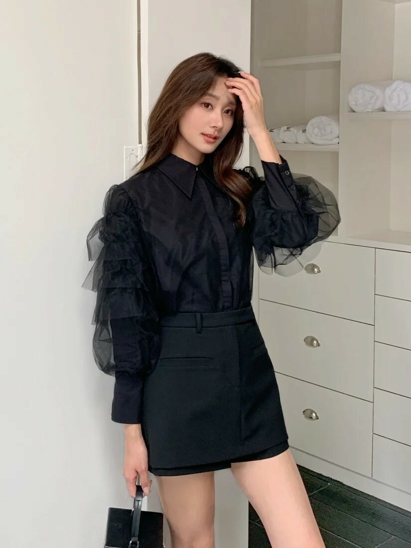 經典黑歐根紗拼接澎澎袖翻領上衣-F (Elegant & Love)